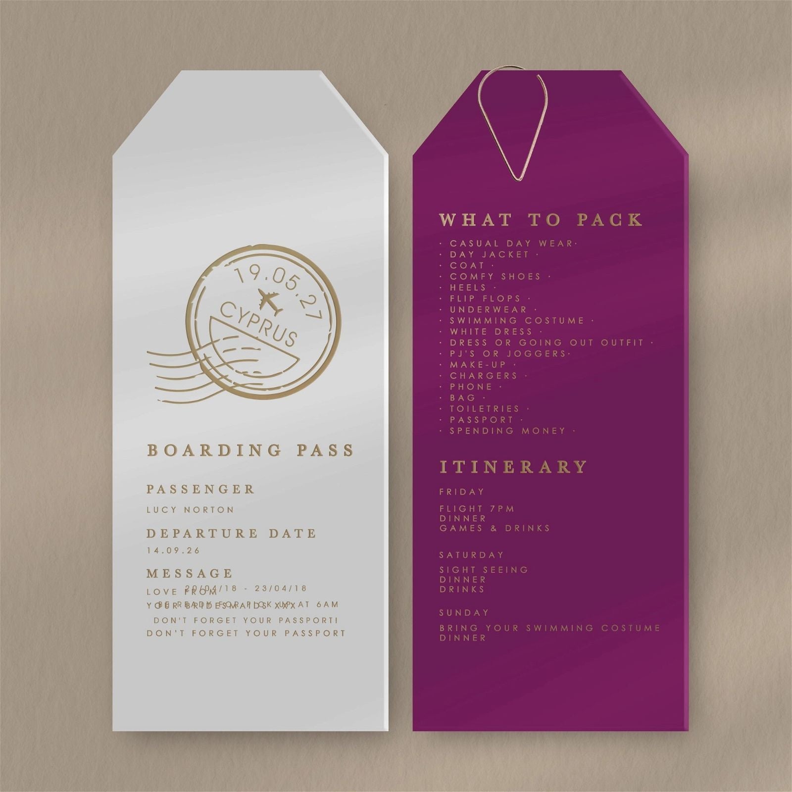 Hen Travel Itinerary Invitation  Ivy and Gold Wedding Stationery   
