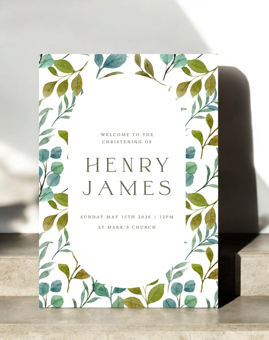 Henry Foliage Pattern Christening Welcome Sign