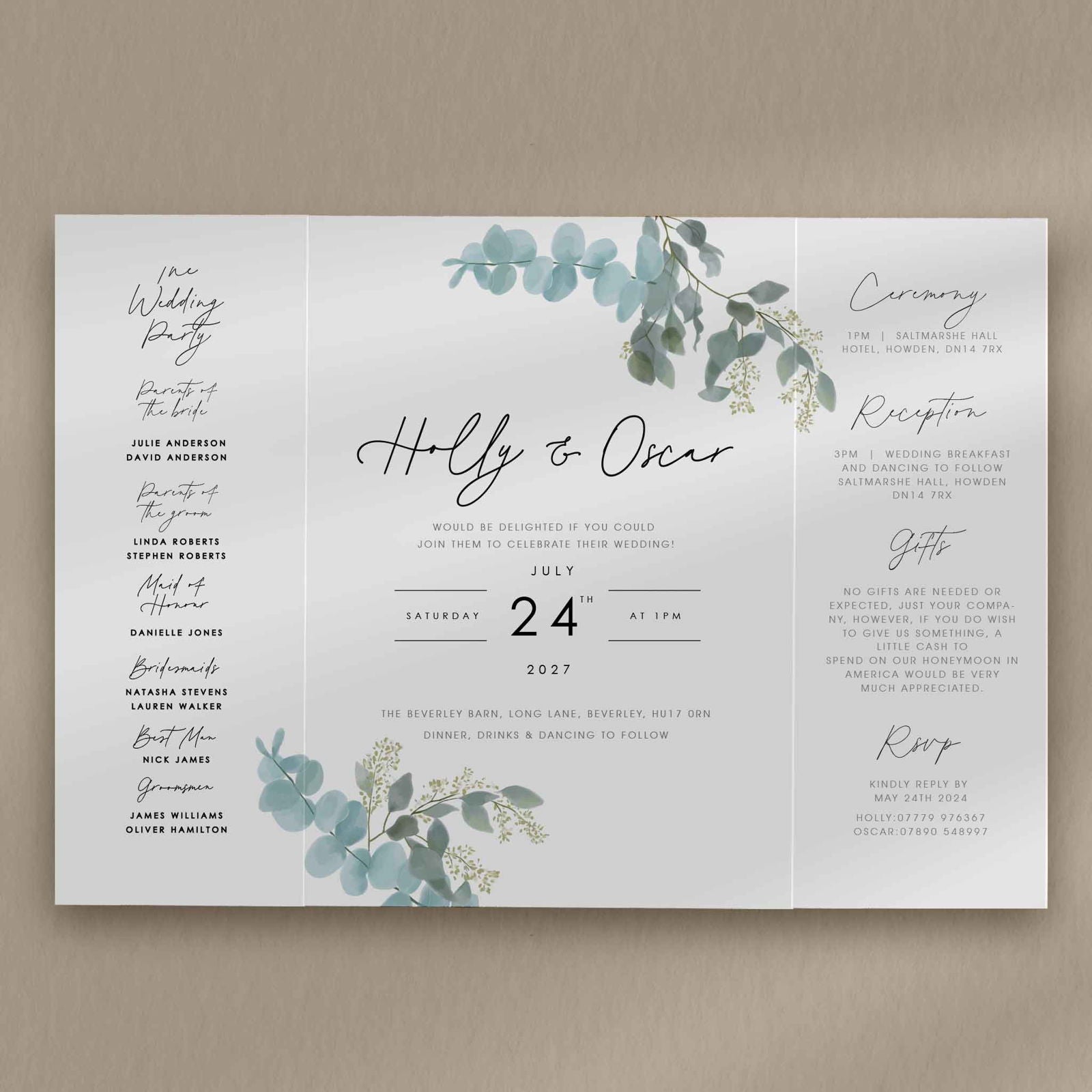 Holly | Eucalyptus Wedding Invitation - Ivy and Gold Wedding Stationery -  