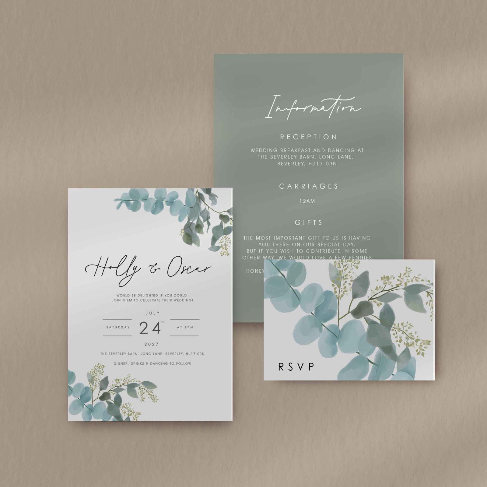 Holly | Eucalyptus Wedding Invitation - Ivy and Gold Wedding Stationery -  