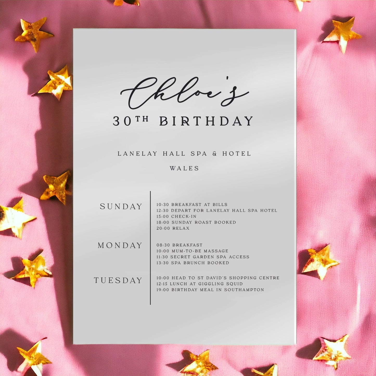 Personalised Birthday Weekend Itinerary Card