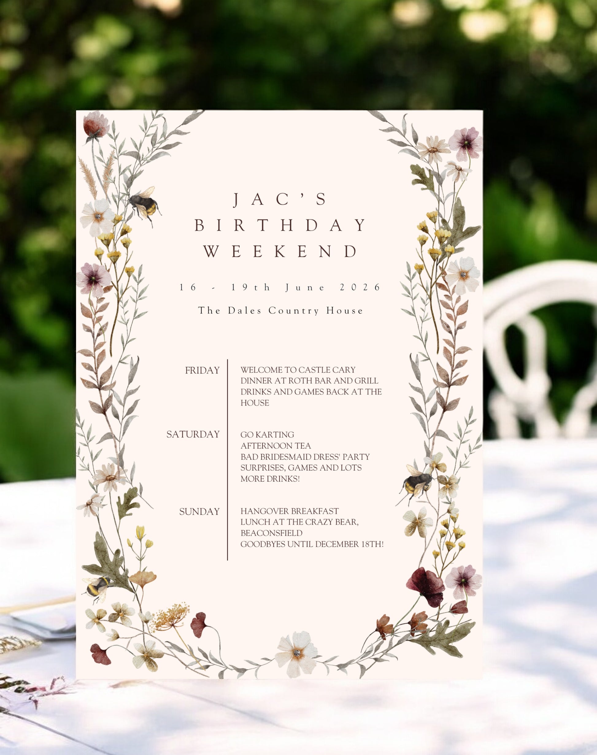 Jac English Garden Birthday Itinerary & Invitation - Ivy and Gold Wedding Stationery