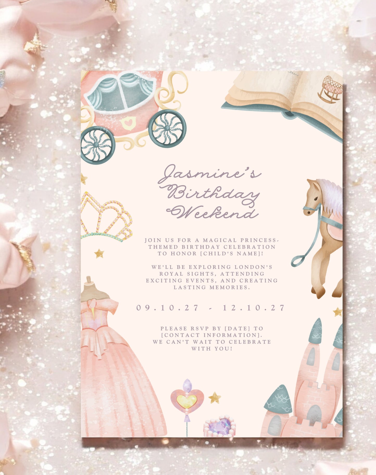 Jasmine Princess Birthday Itinerary & Invitation - Ivy and Gold Wedding Stationery