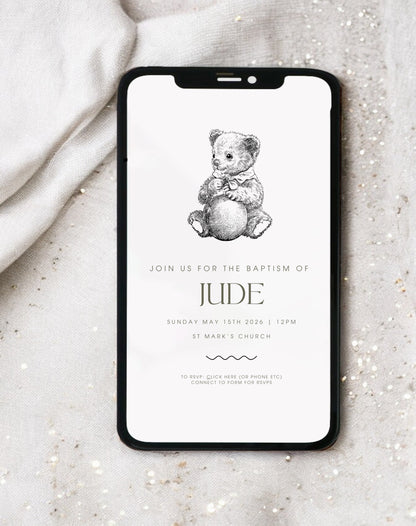 Jude Bear Christening Invitation - Ivy and Gold Wedding Stationery