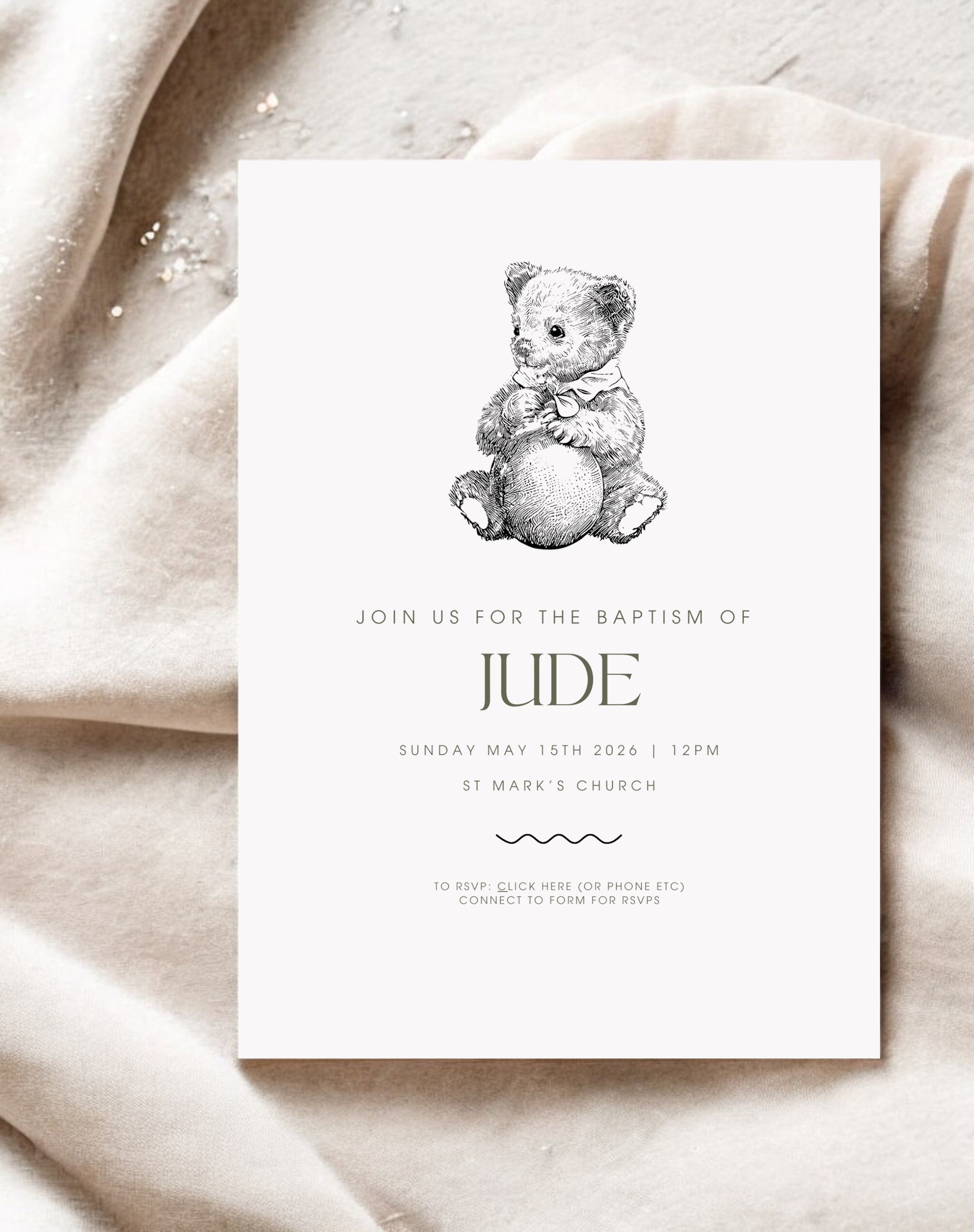 Jude Bear Christening Invitation - Ivy and Gold Wedding Stationery