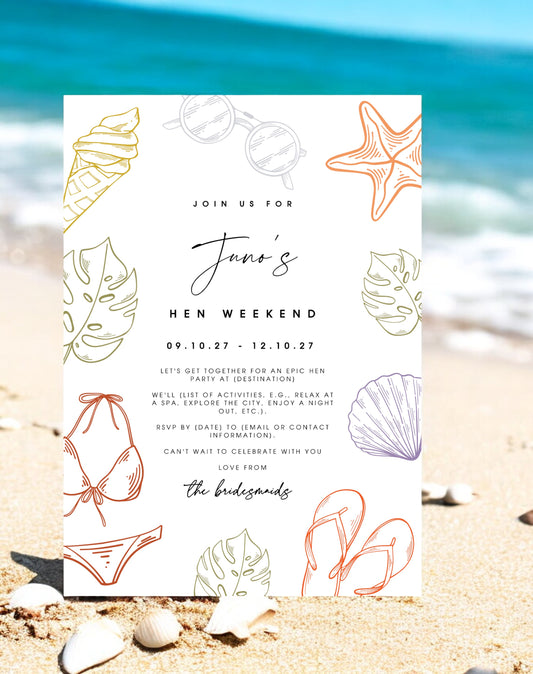 Juno Beach Hen Itinerary & Invitation - Ivy and Gold Wedding Stationery