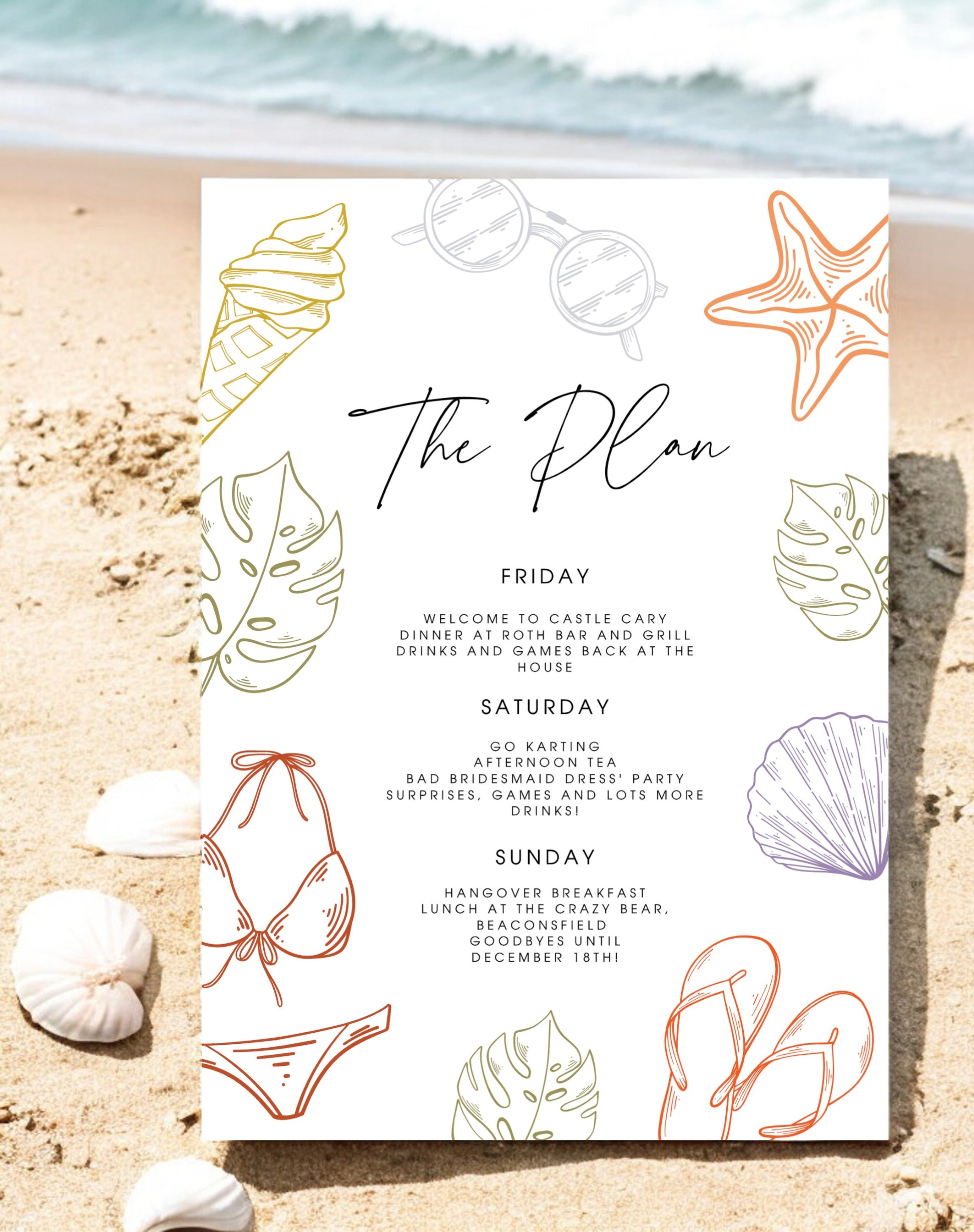 Juno Beach Hen Itinerary & Invitation - Ivy and Gold Wedding Stationery