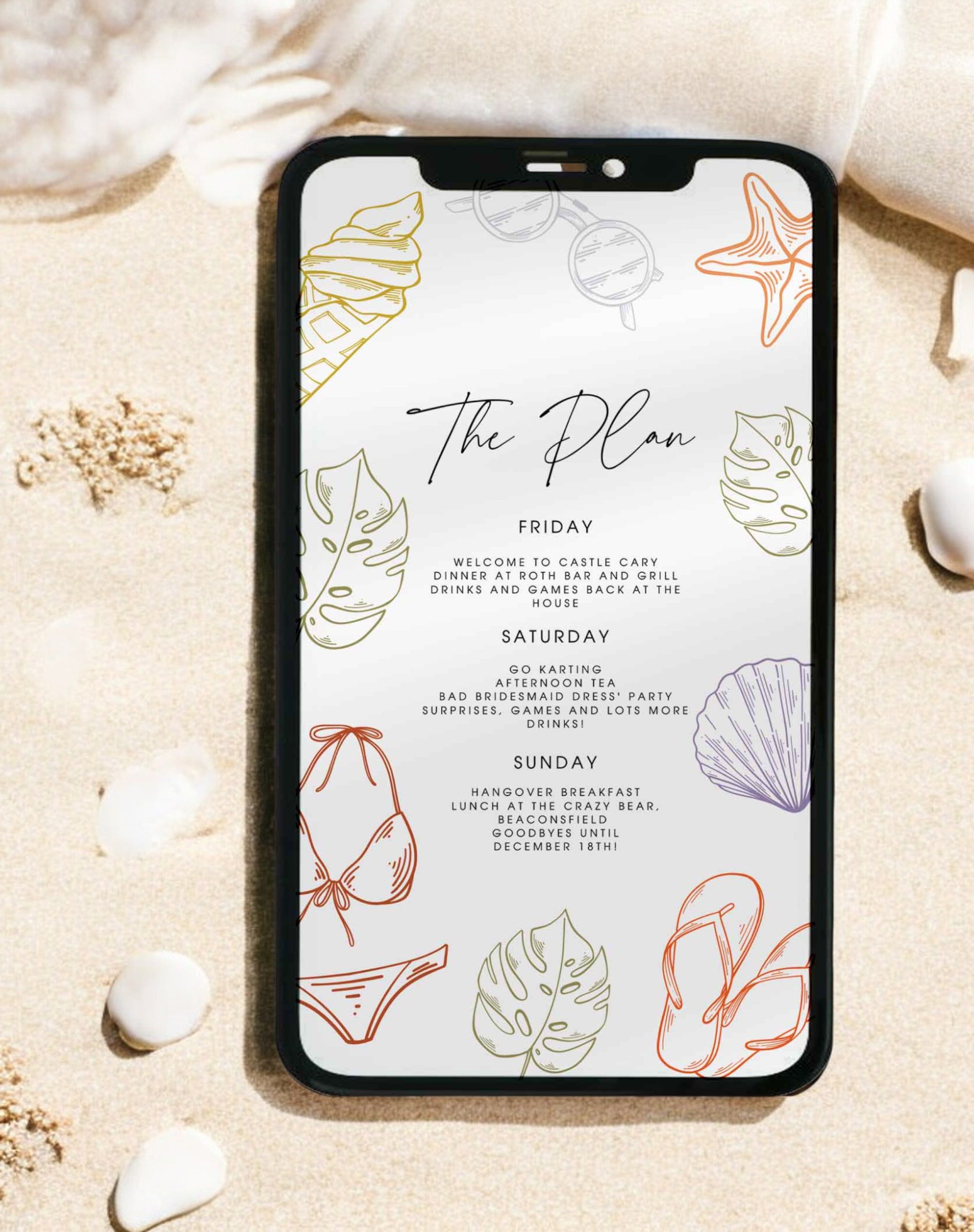 Juno Beach Hen Itinerary & Invitation - Ivy and Gold Wedding Stationery