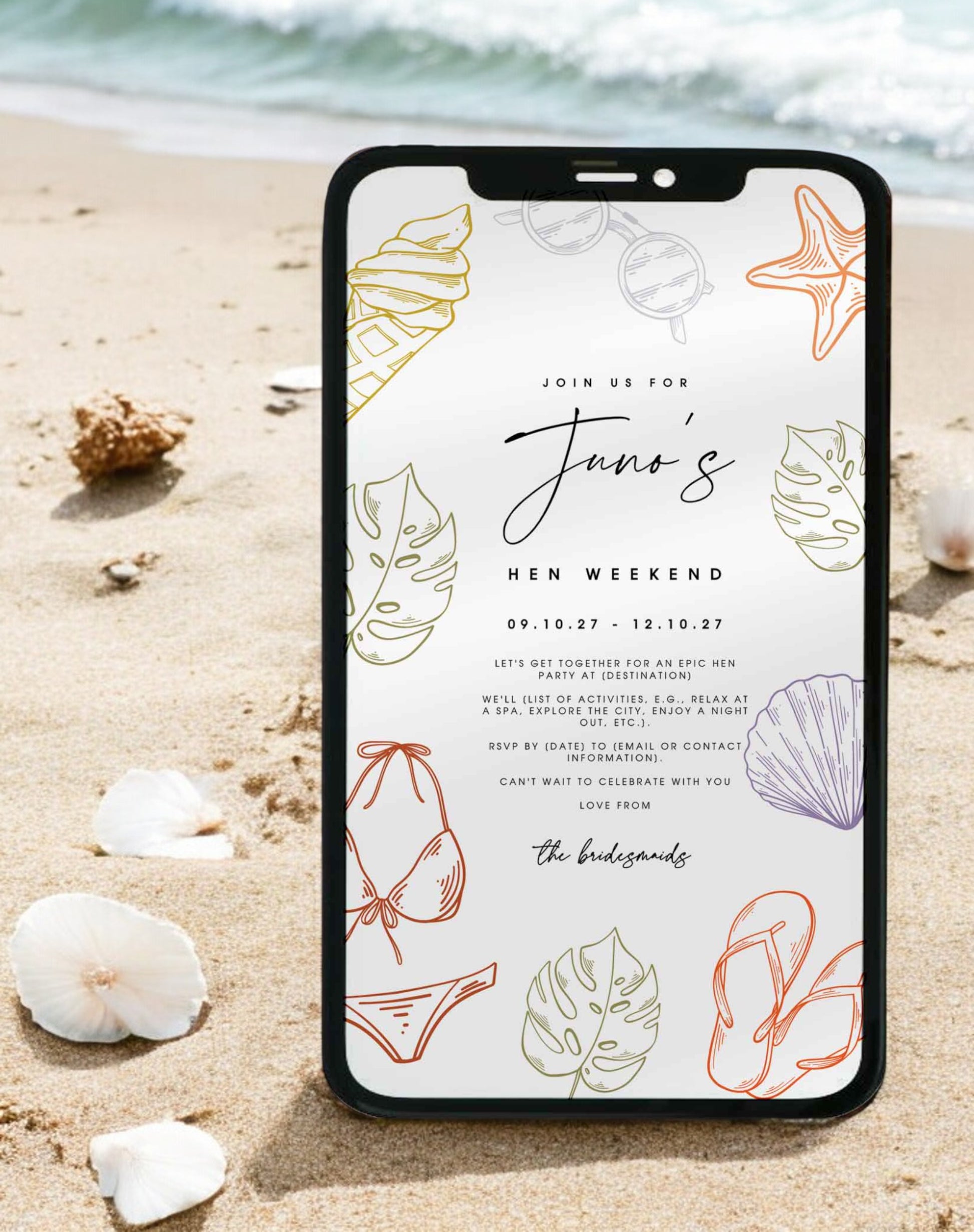 Juno Beach Hen Itinerary & Invitation - Ivy and Gold Wedding Stationery