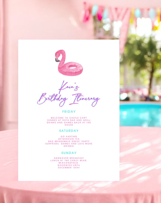 Kaia Flamingo Pool Party Birthday Weekend Itinerary - Ivy and Gold Wedding Stationery