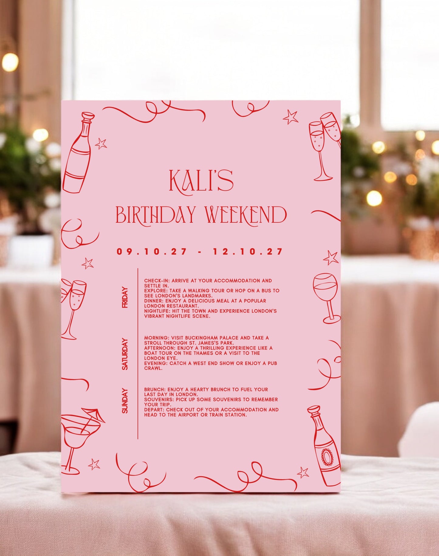 Kali Champagne Doodle Birthday Itinerary & Invitation - Ivy and Gold Wedding Stationery