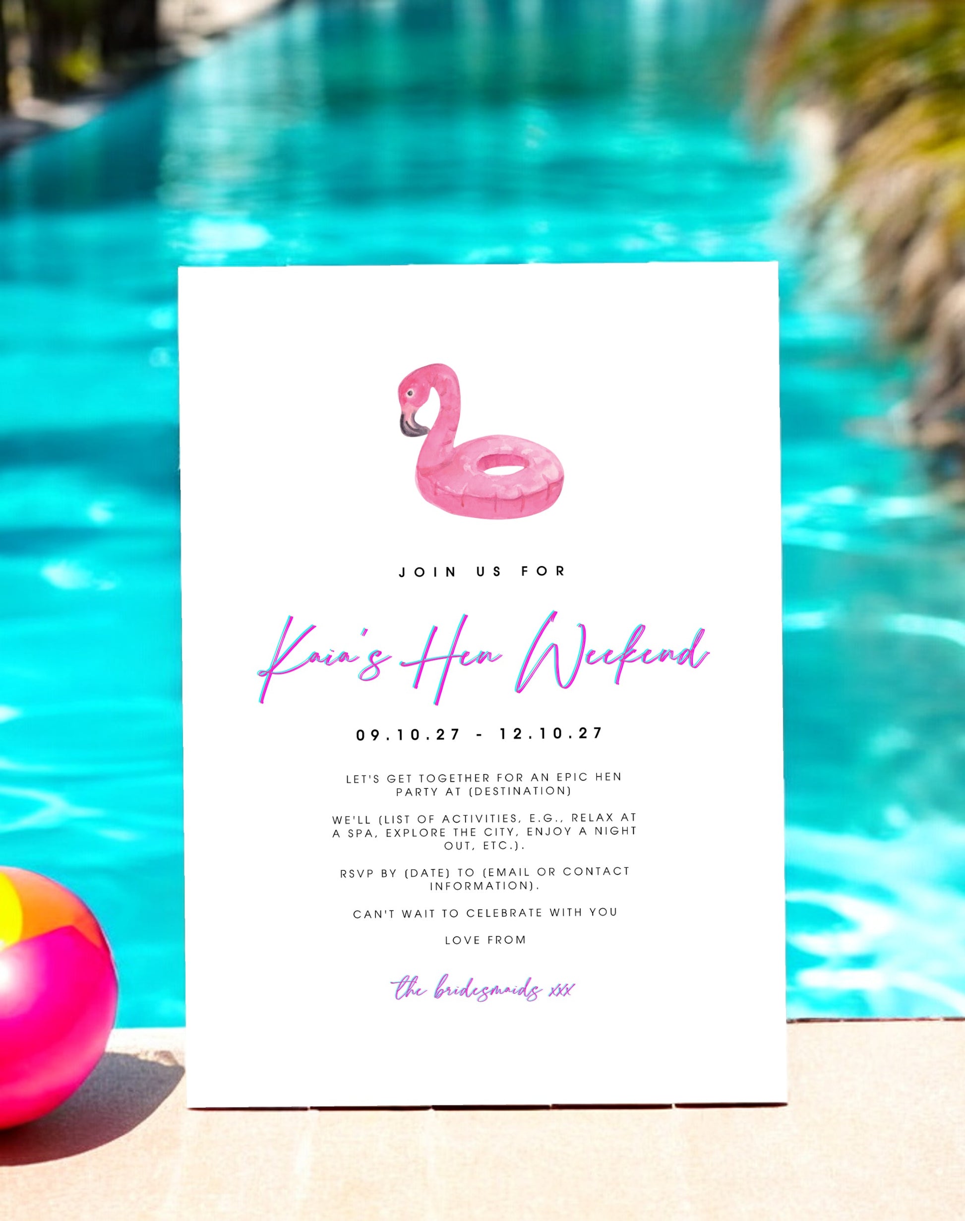 Kaia Flamingo Paool Party Hen Itinerary & Invitation - Ivy and Gold Wedding Stationery