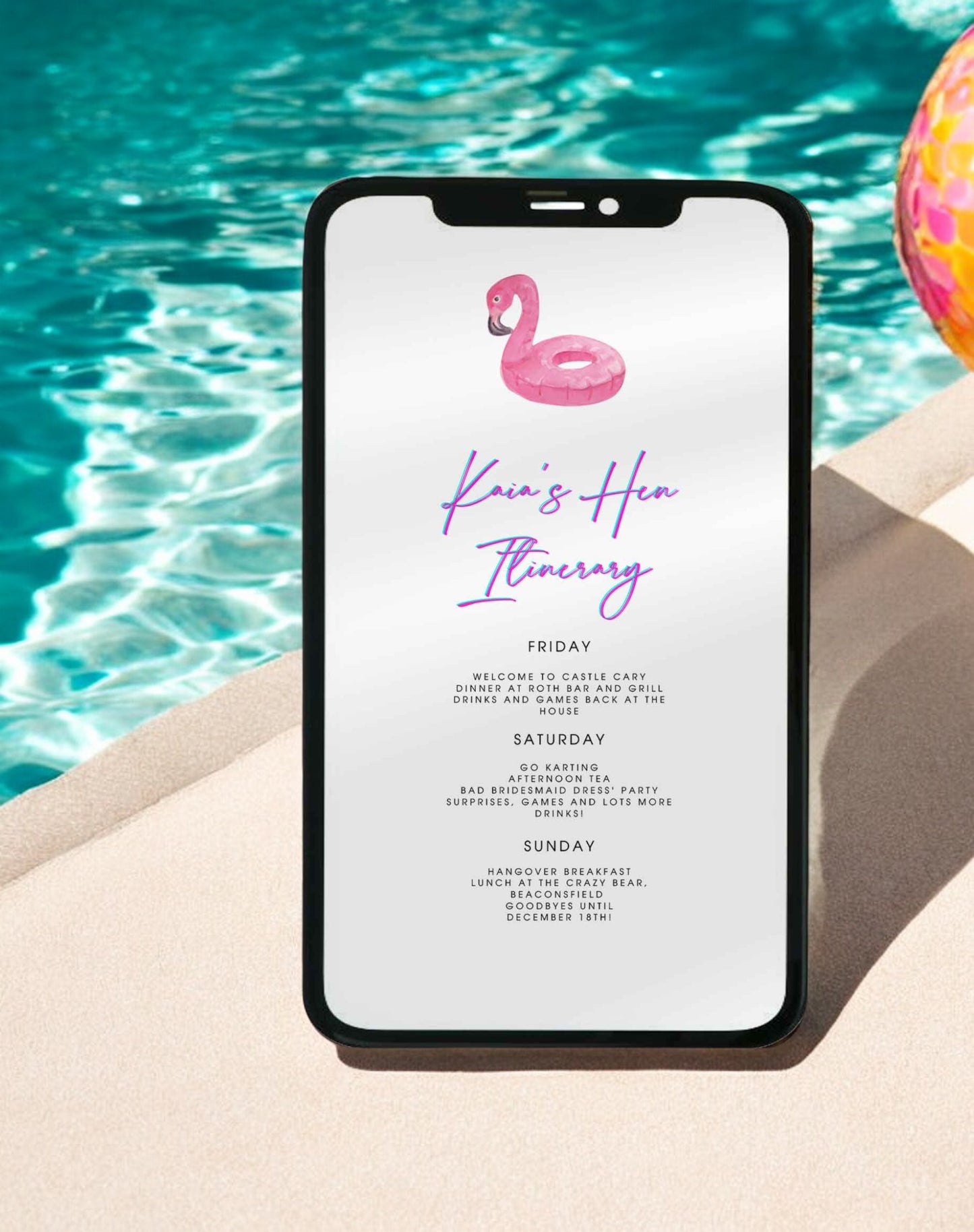 Kaia Flamingo Paool Party Hen Itinerary & Invitation - Ivy and Gold Wedding Stationery