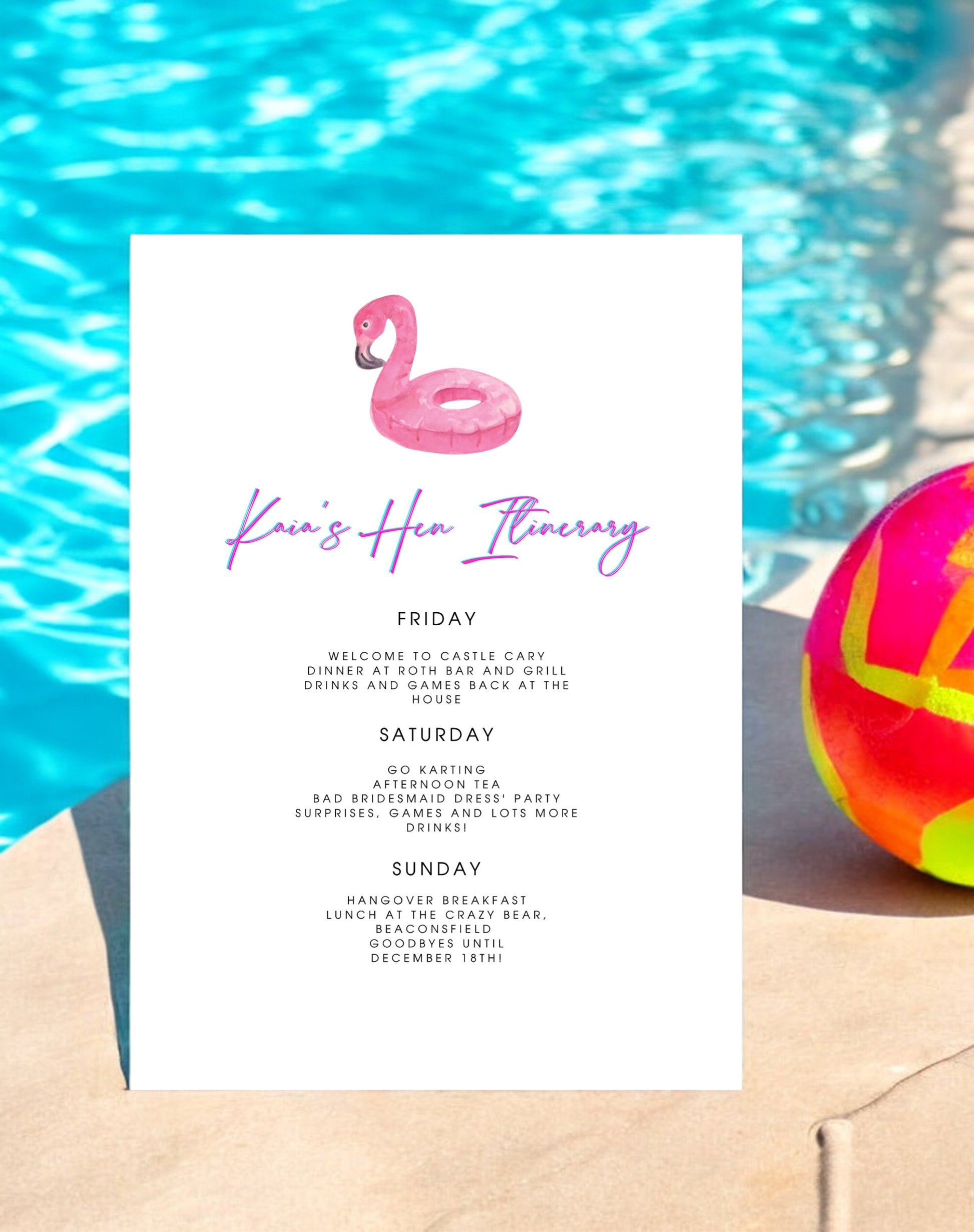 Kaia Flamingo Paool Party Hen Itinerary & Invitation - Ivy and Gold Wedding Stationery