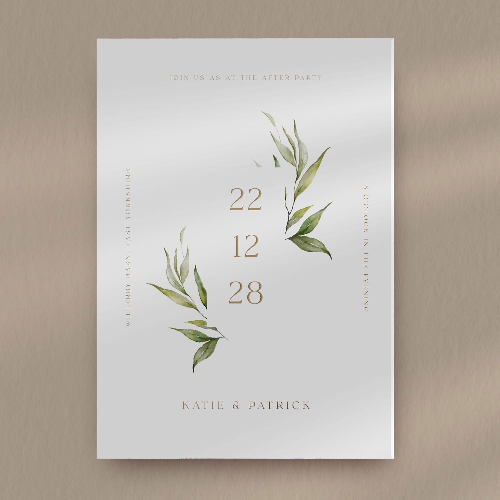 Katie Minimalist Evening Invitation  Ivy and Gold Wedding Stationery   