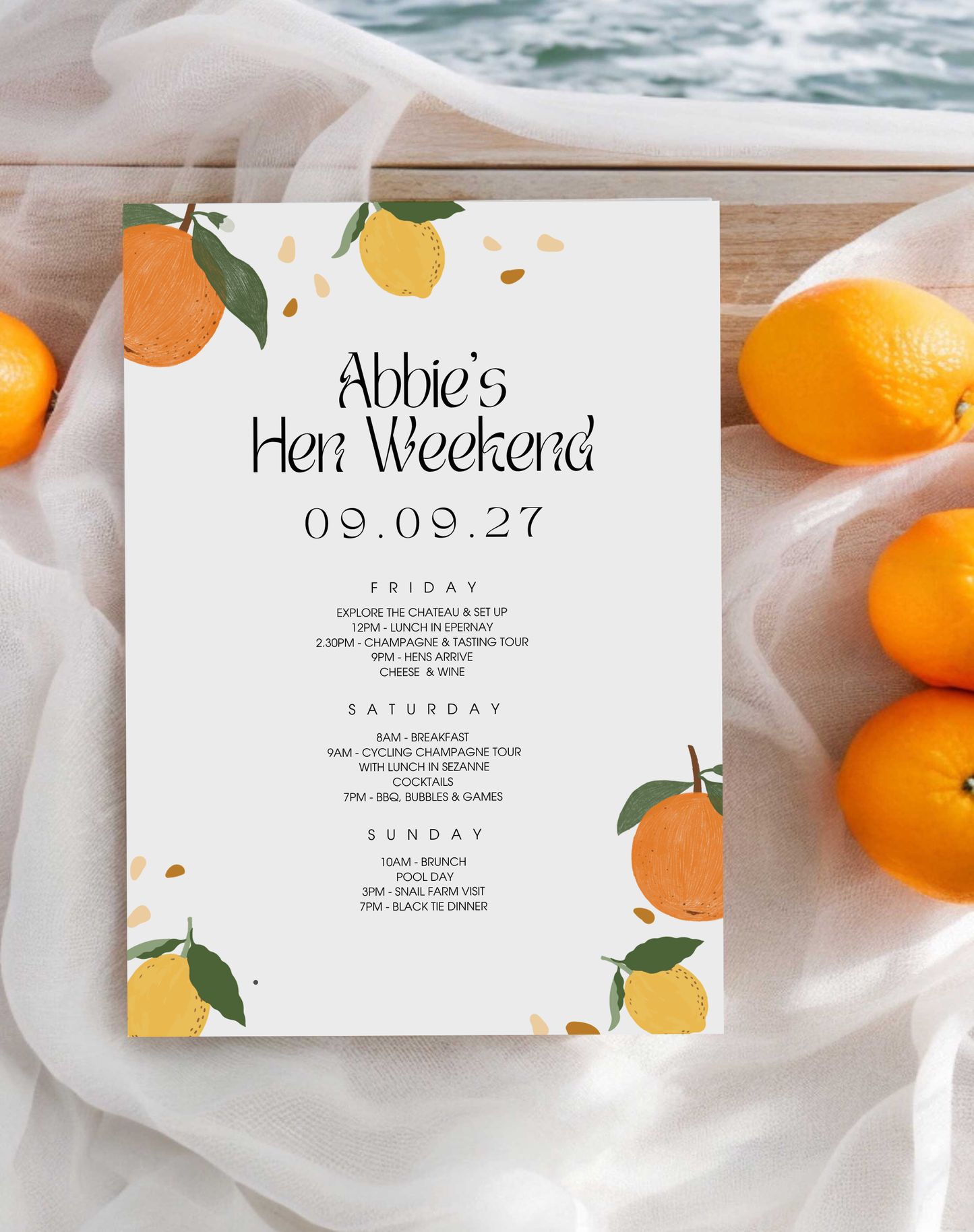 Lemon Hen Itinerary - Ivy and Gold Wedding Stationery