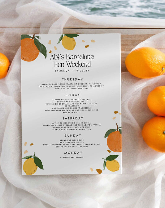 Lemon Hen Itinerary - Ivy and Gold Wedding Stationery -  