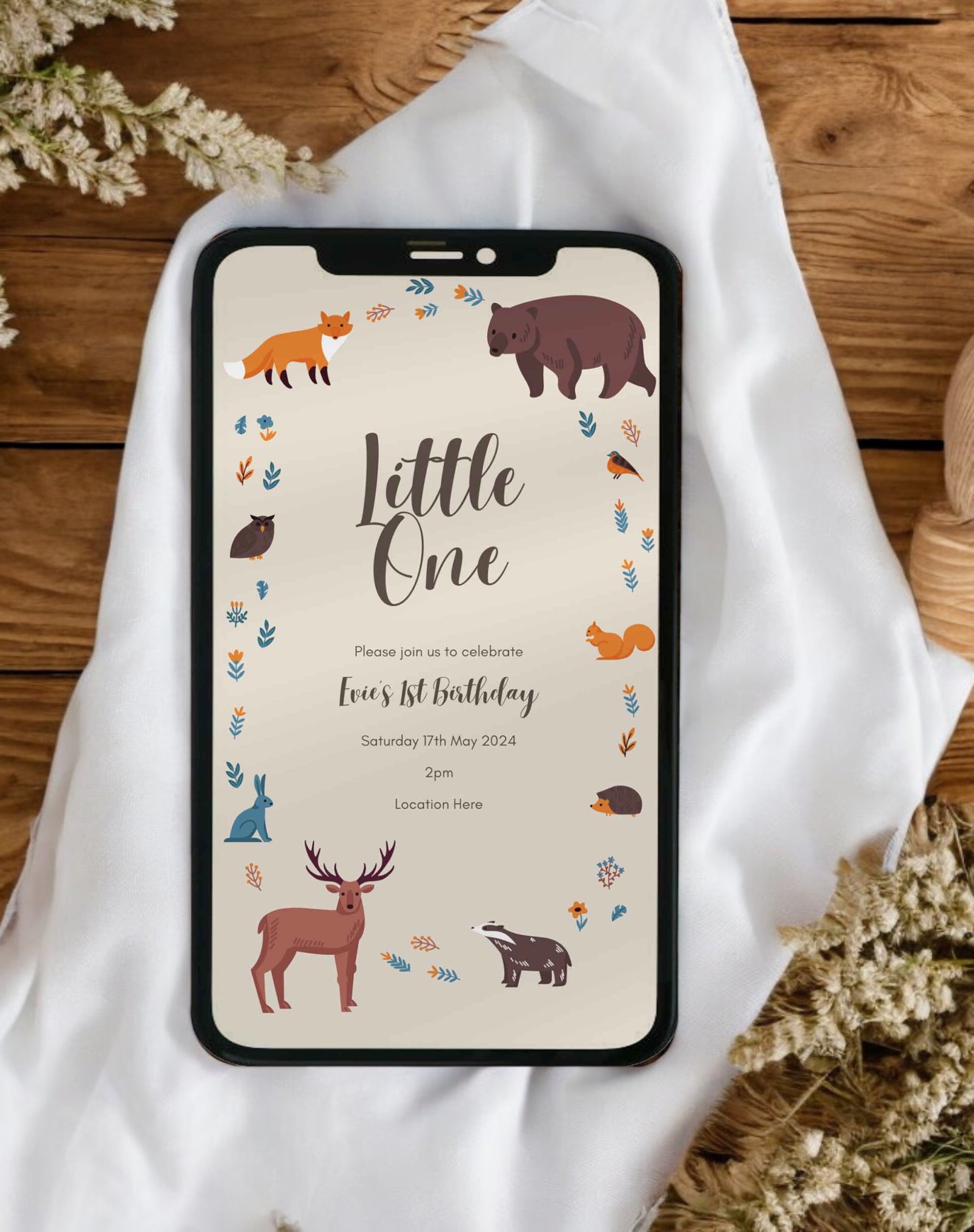 Evie Little One Woodland Birthday Invitation - Ivy and Gold Wedding Stationery