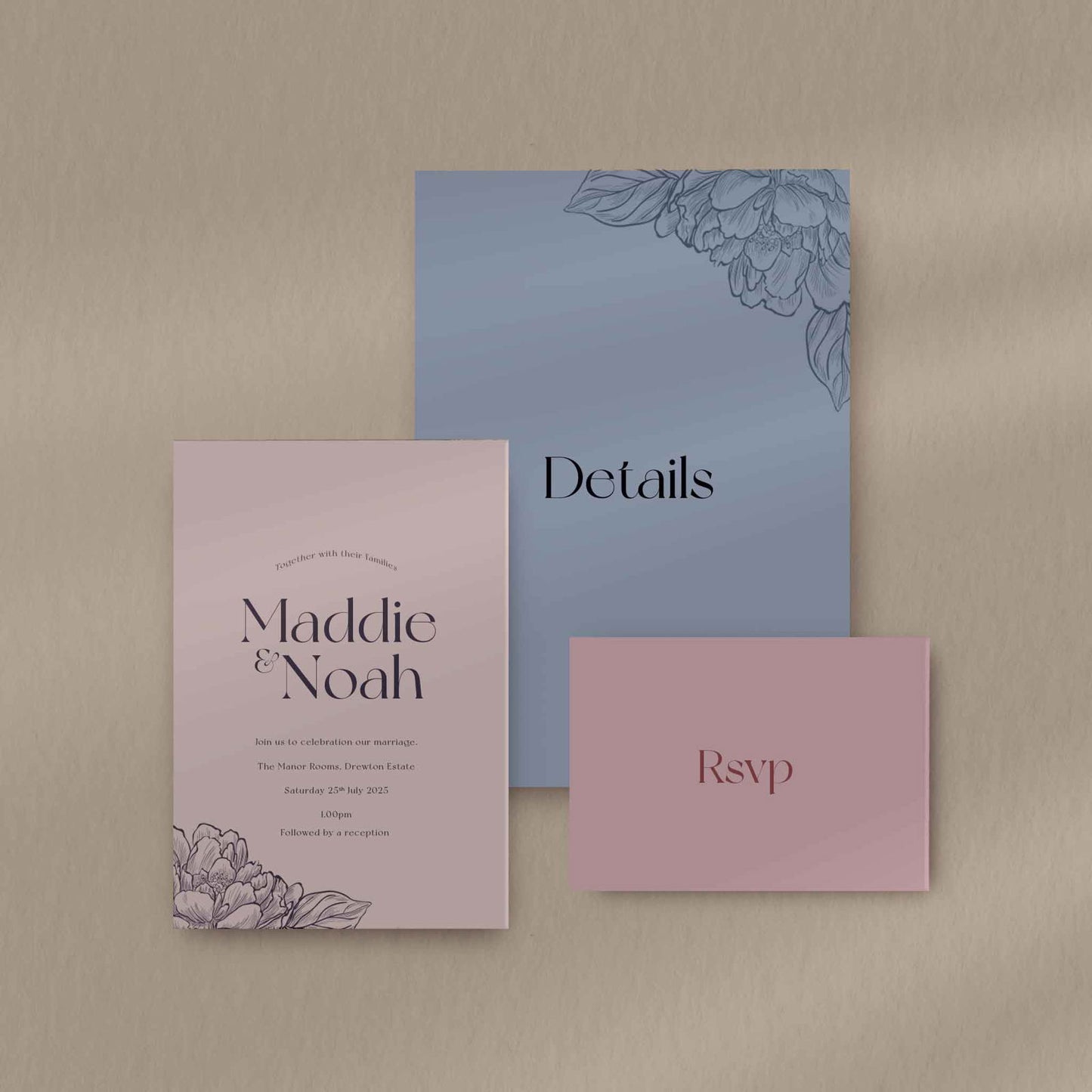 Maddie | Peony Wedding Invitation - Ivy and Gold Wedding Stationery -  