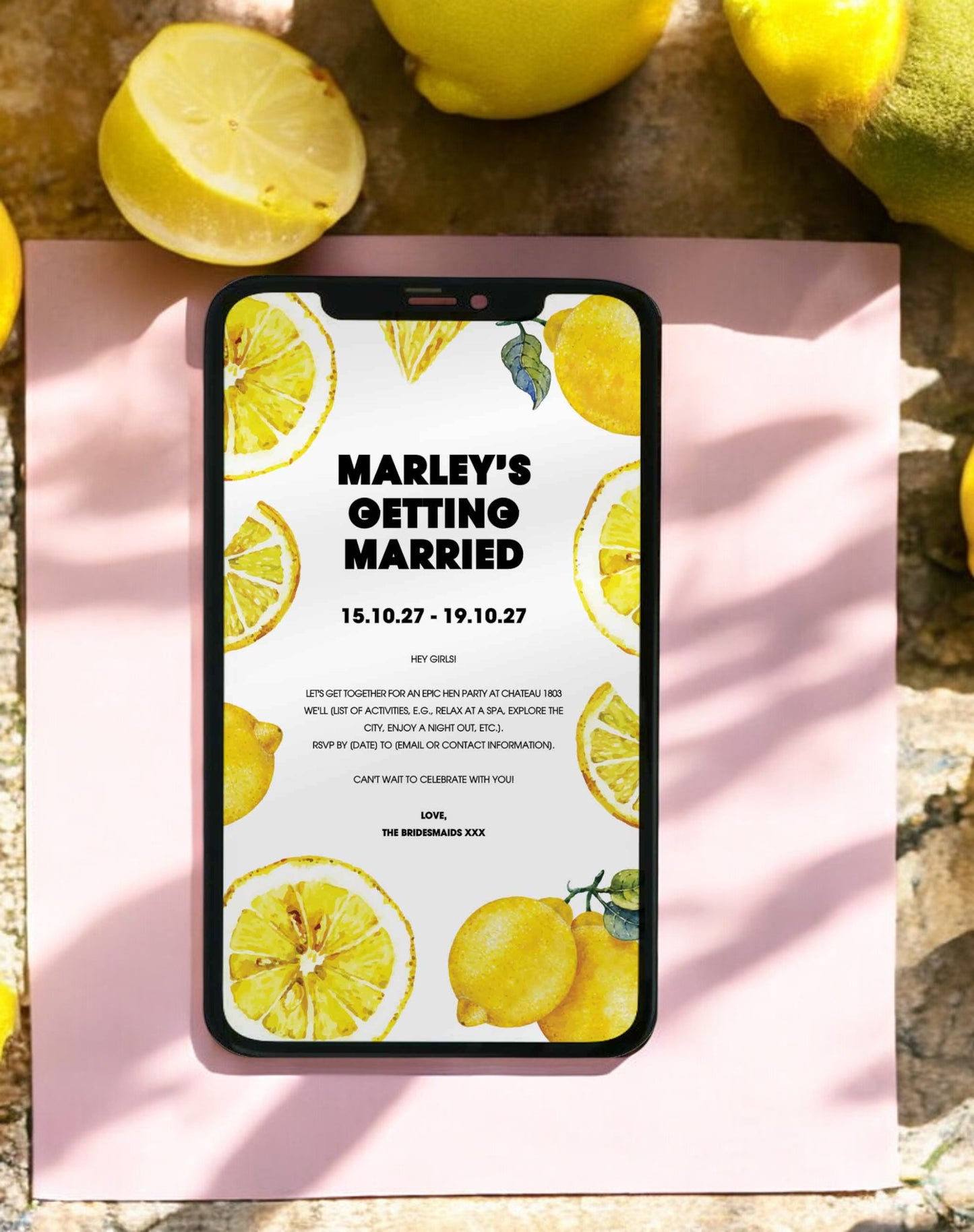 Marley Lemon Hen Itinerary & Invitation - Ivy and Gold Wedding Stationery