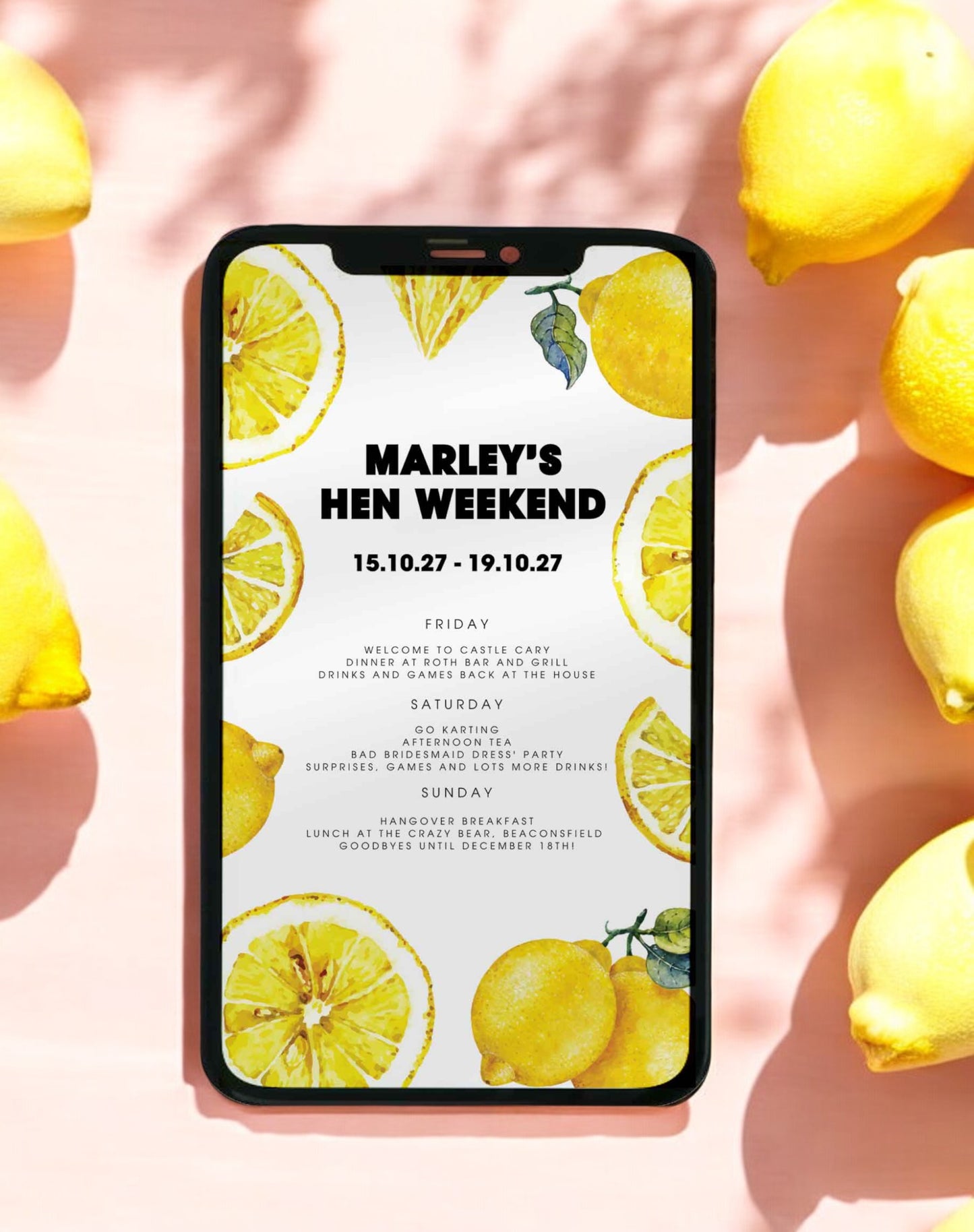 Marley Lemon Hen Itinerary & Invitation - Ivy and Gold Wedding Stationery