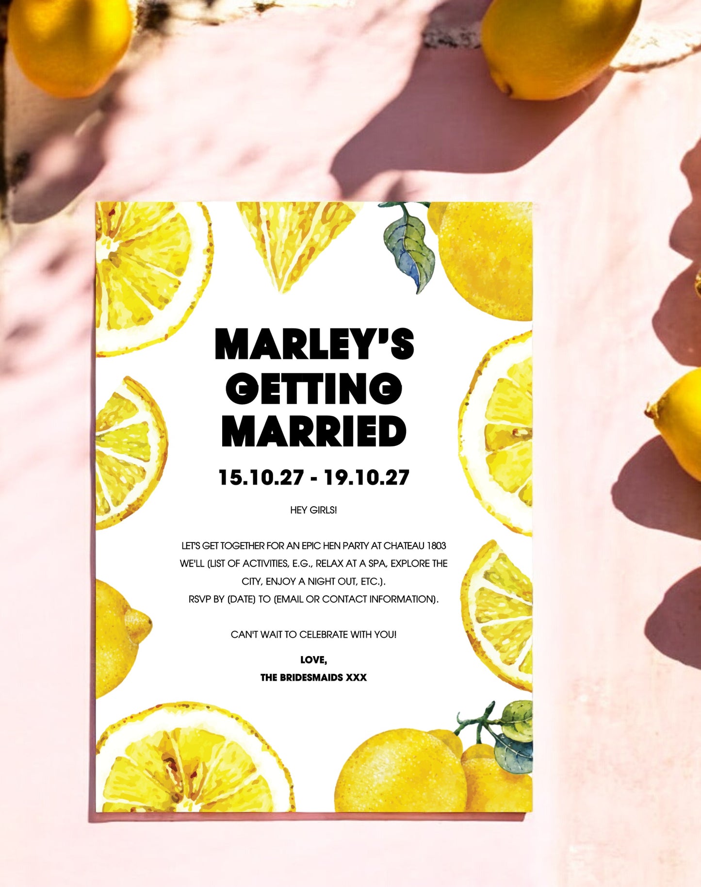 Marley Lemon Hen Itinerary & Invitation - Ivy and Gold Wedding Stationery