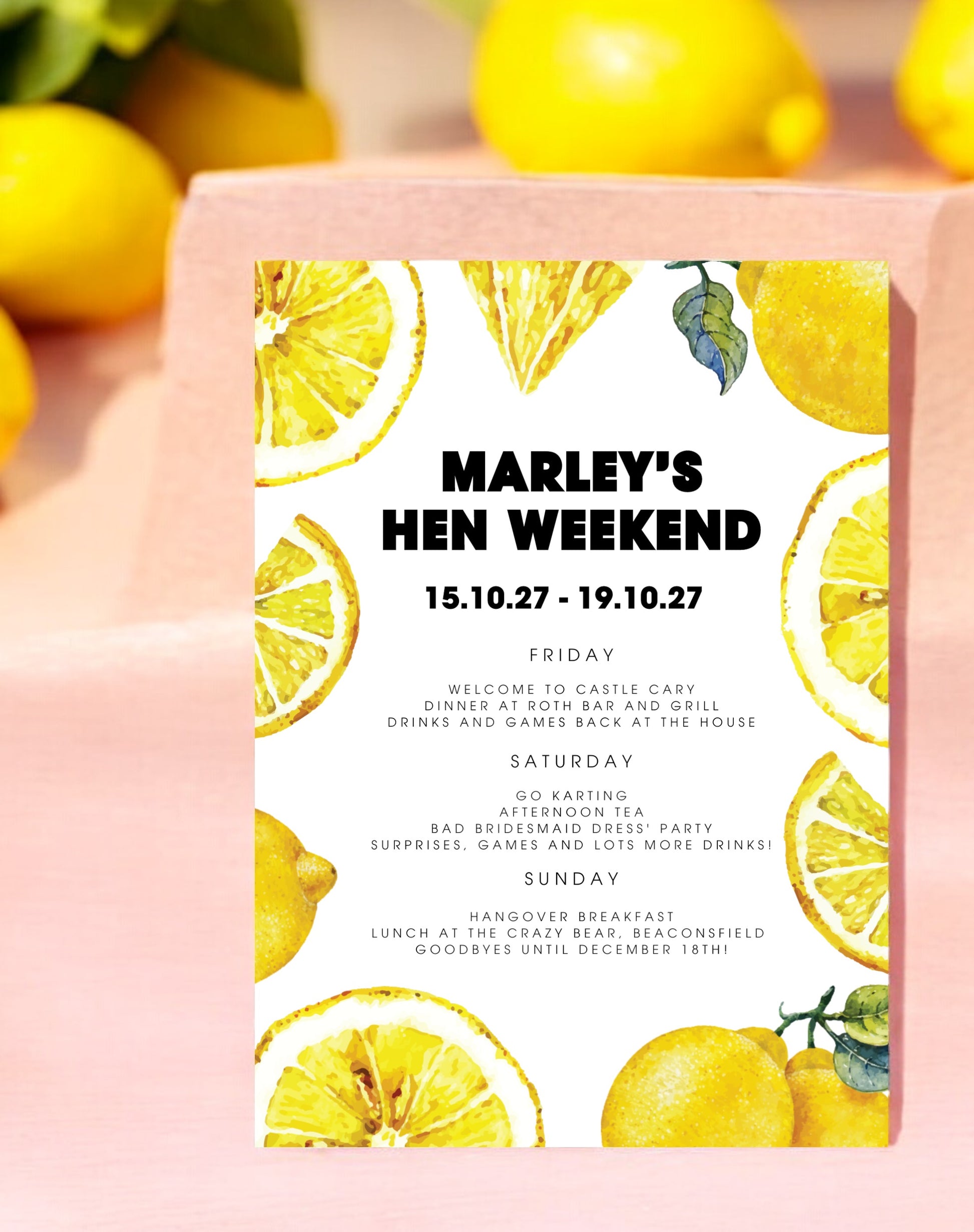 Marley Lemon Hen Itinerary & Invitation - Ivy and Gold Wedding Stationery