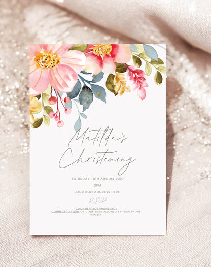 Matilda Pink Floral Christening Invitation - Ivy and Gold Wedding Stationery