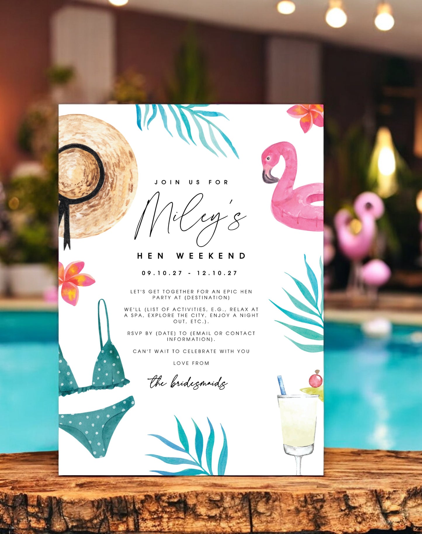 Miley Abroad Hen Pool Party Itinerary & Invitation - Ivy and Gold Wedding Stationery