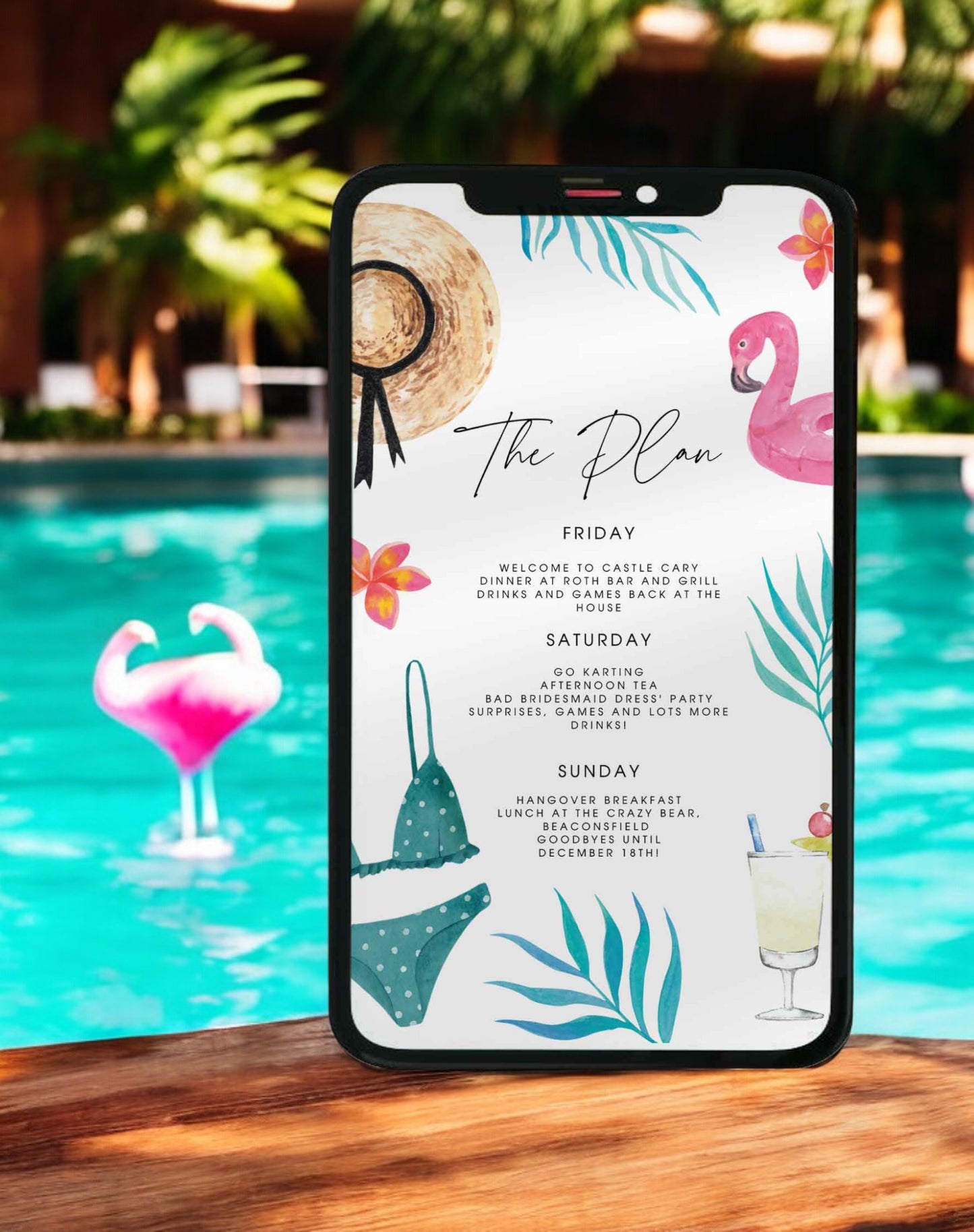 Miley Abroad Hen Pool Party Itinerary & Invitation - Ivy and Gold Wedding Stationery