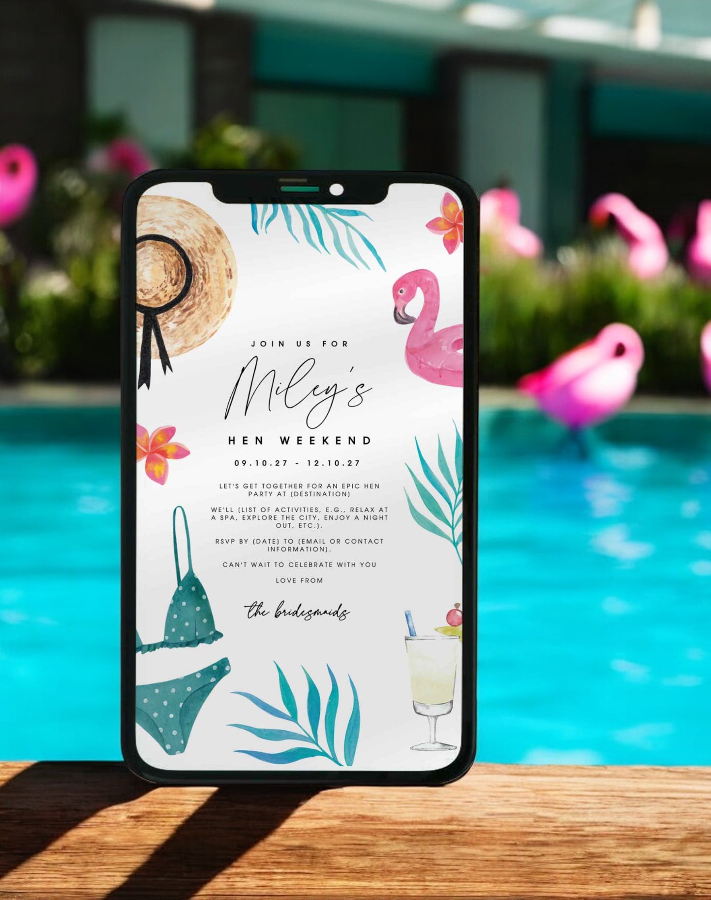 Miley Abroad Hen Pool Party Itinerary & Invitation - Ivy and Gold Wedding Stationery