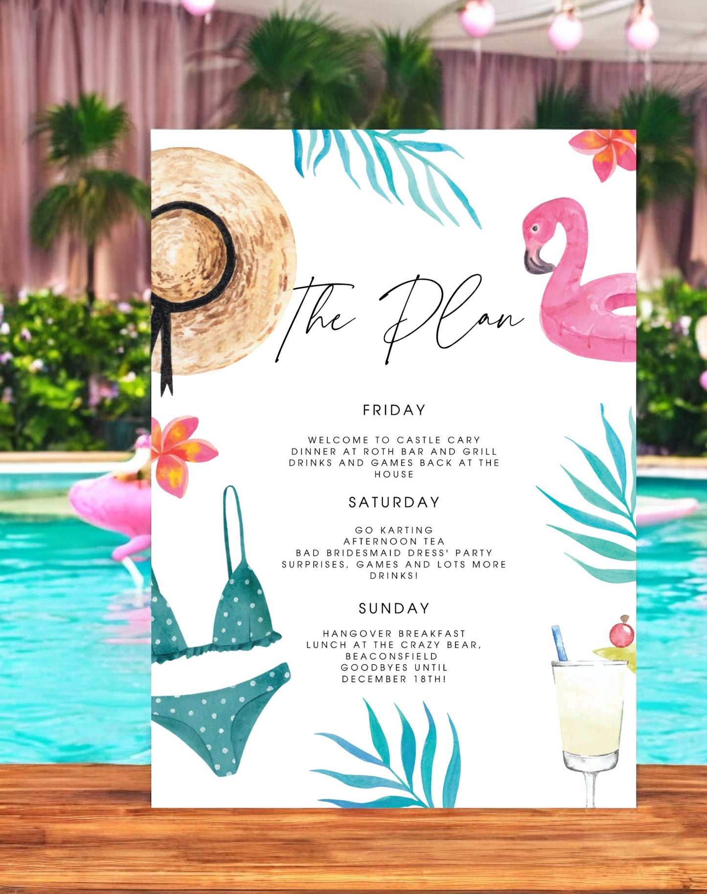 Miley Abroad Hen Pool Party Itinerary & Invitation - Ivy and Gold Wedding Stationery