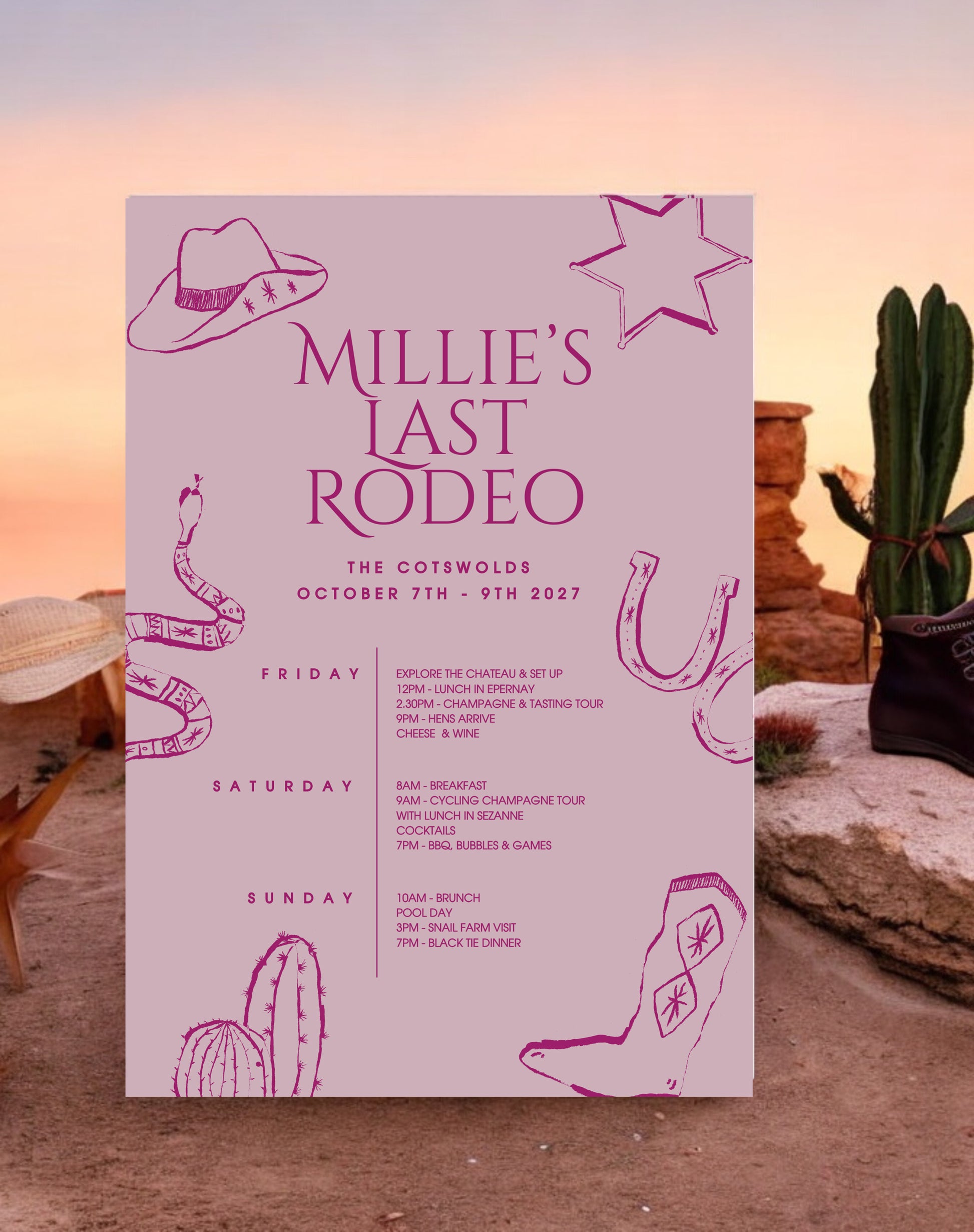 Millie Last Rodeo Hen Itinerary - Ivy and Gold Wedding Stationery