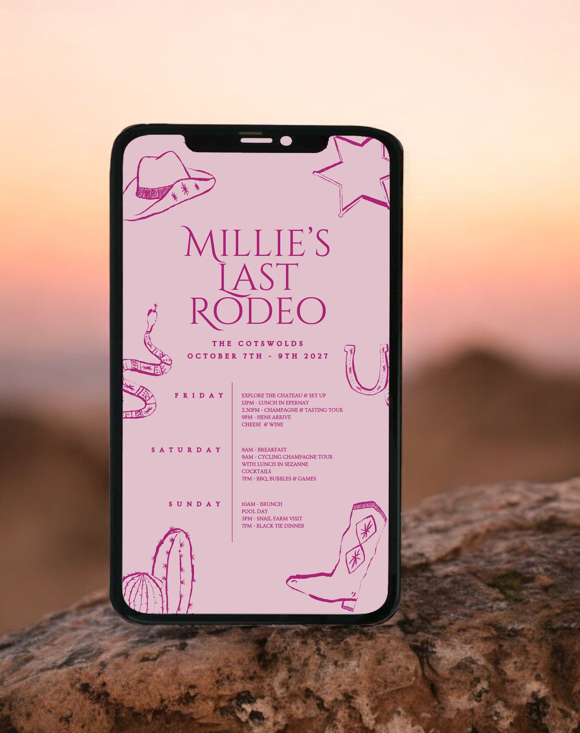 Millie Last Rodeo Hen Itinerary - Ivy and Gold Wedding Stationery