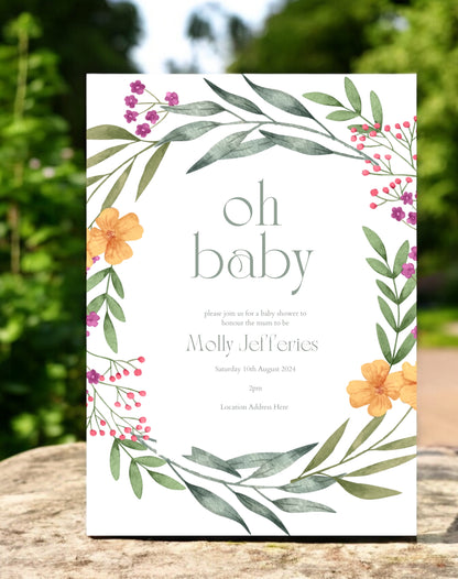 Molly Floral Wreath Baby Shower Invitation - Ivy and Gold Wedding Stationery