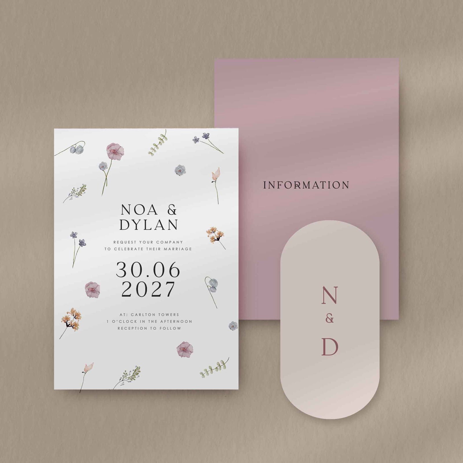 Noa | Wildflower Wedding Invitation - Ivy and Gold Wedding Stationery -  