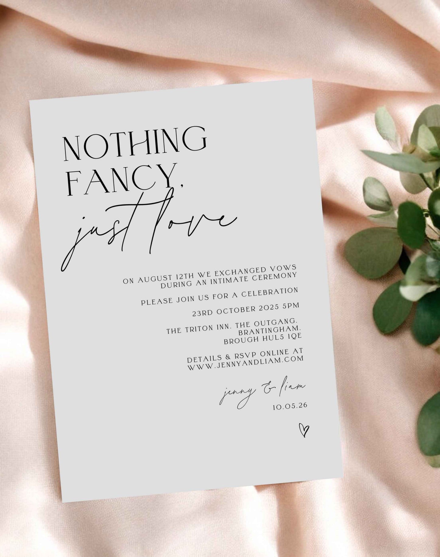 Nothing Fancy, Just Love Reception Invitation - Ivy and Gold Wedding Stationery