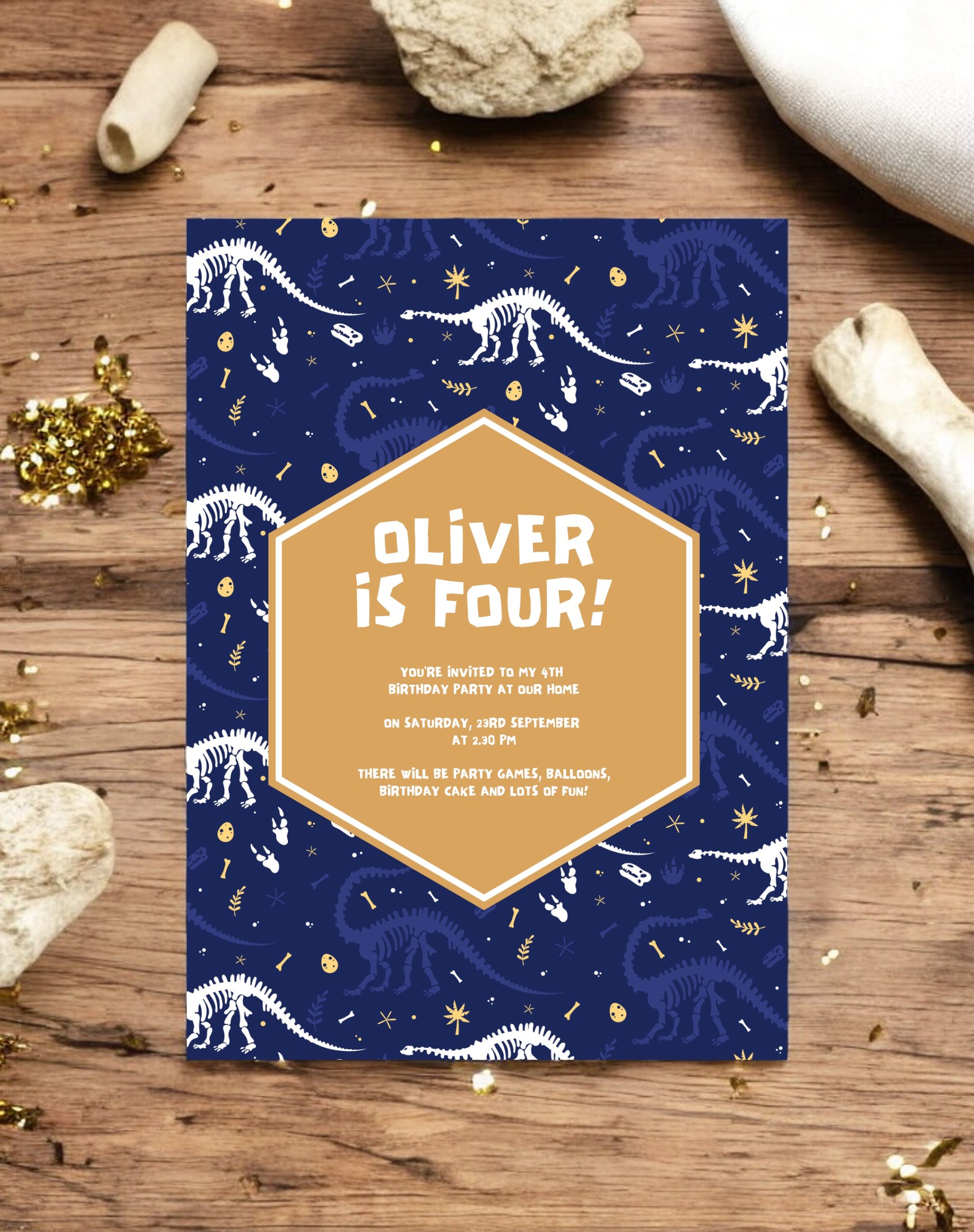 Oliver Dinosaur Fossils Birthday Invitation - Ivy and Gold Wedding Stationery