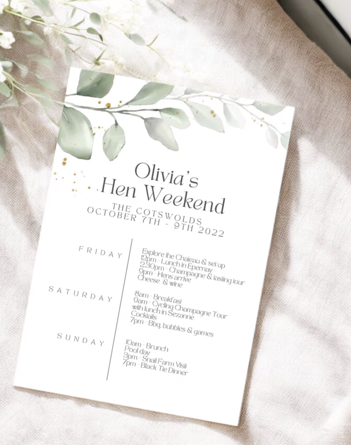 Olivia Foliage Hen Party Itinerary Card - Ivy and Gold Wedding Stationery