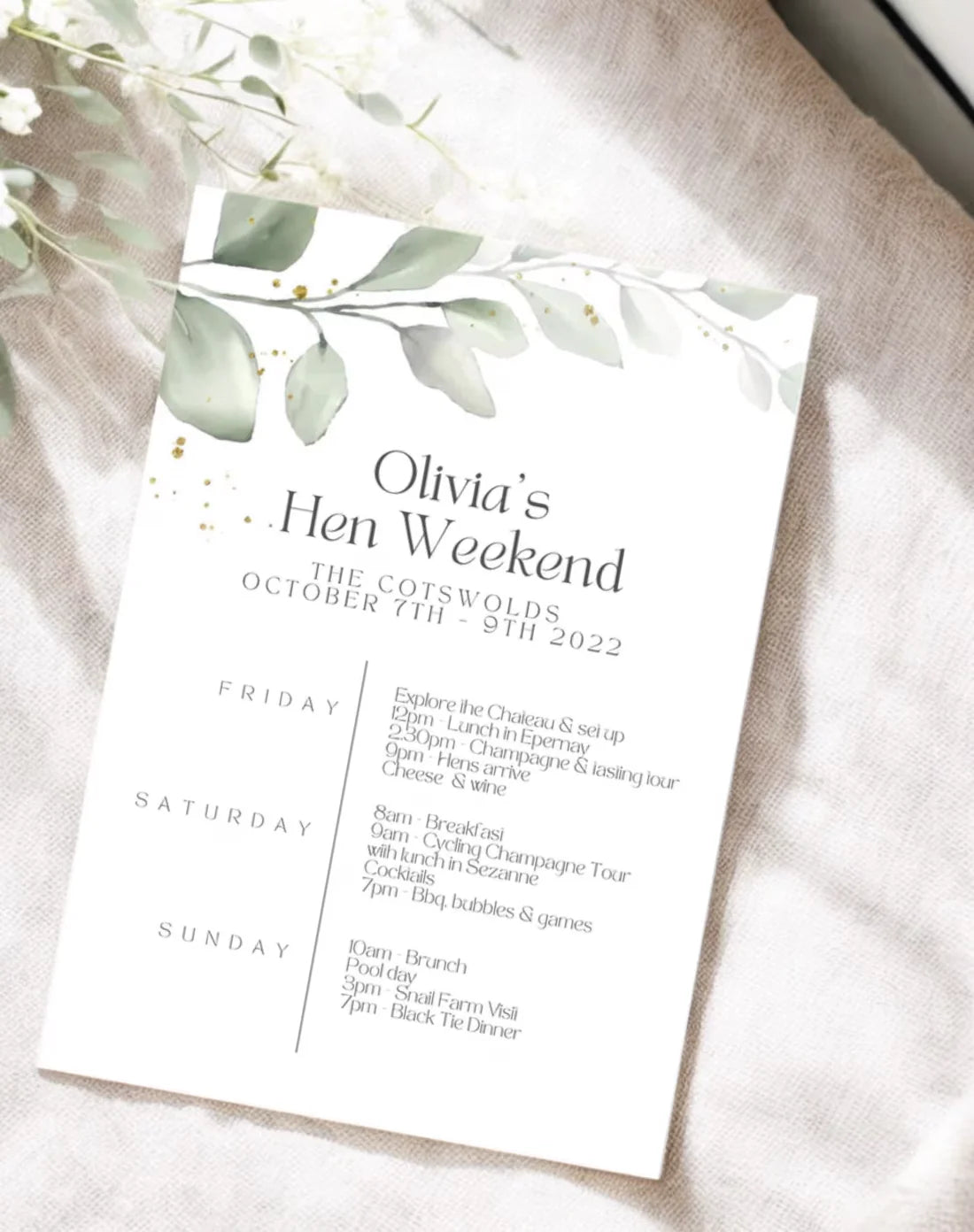 Olivia Foliage Hen Party Itinerary Digital Template