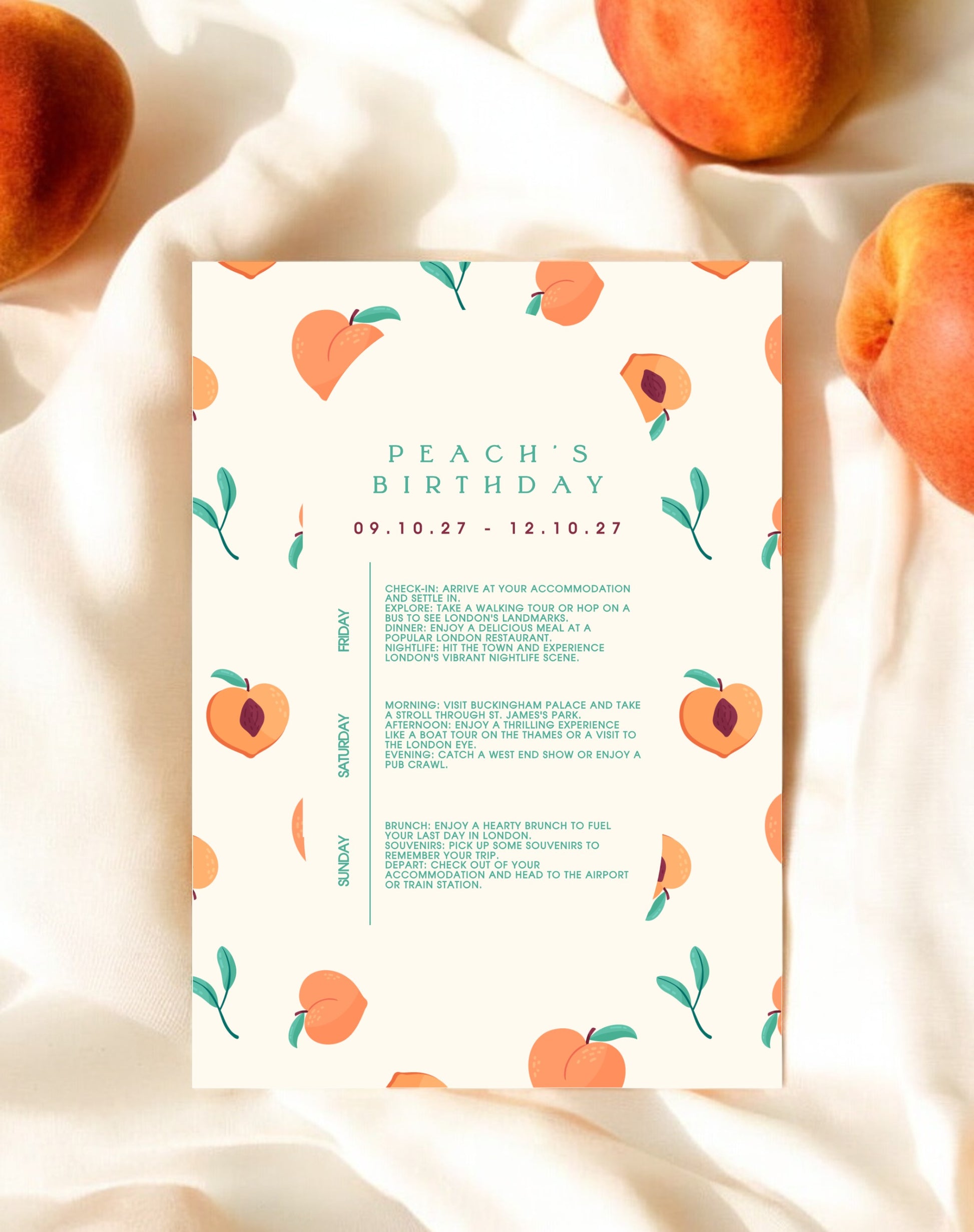 Peach Birthday Itinerary & Invitation - Ivy and Gold Wedding Stationery