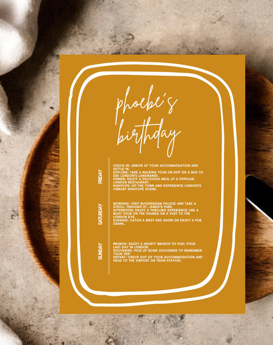 Phoebe Doodle Birthday Itinerary & Invitation - Ivy and Gold Wedding Stationery