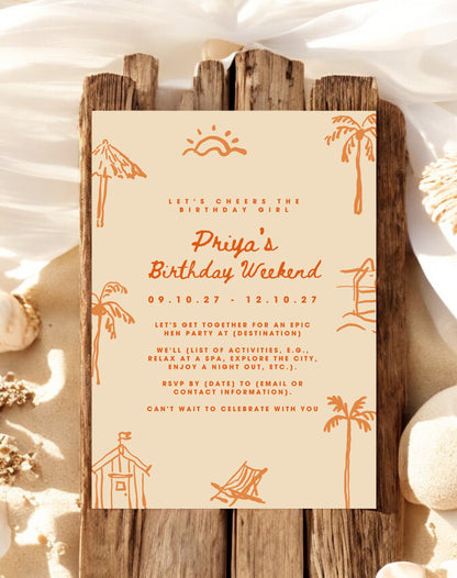 Priya Beach Doodle Birthday Itinerary & Invitation - Ivy and Gold Wedding Stationery