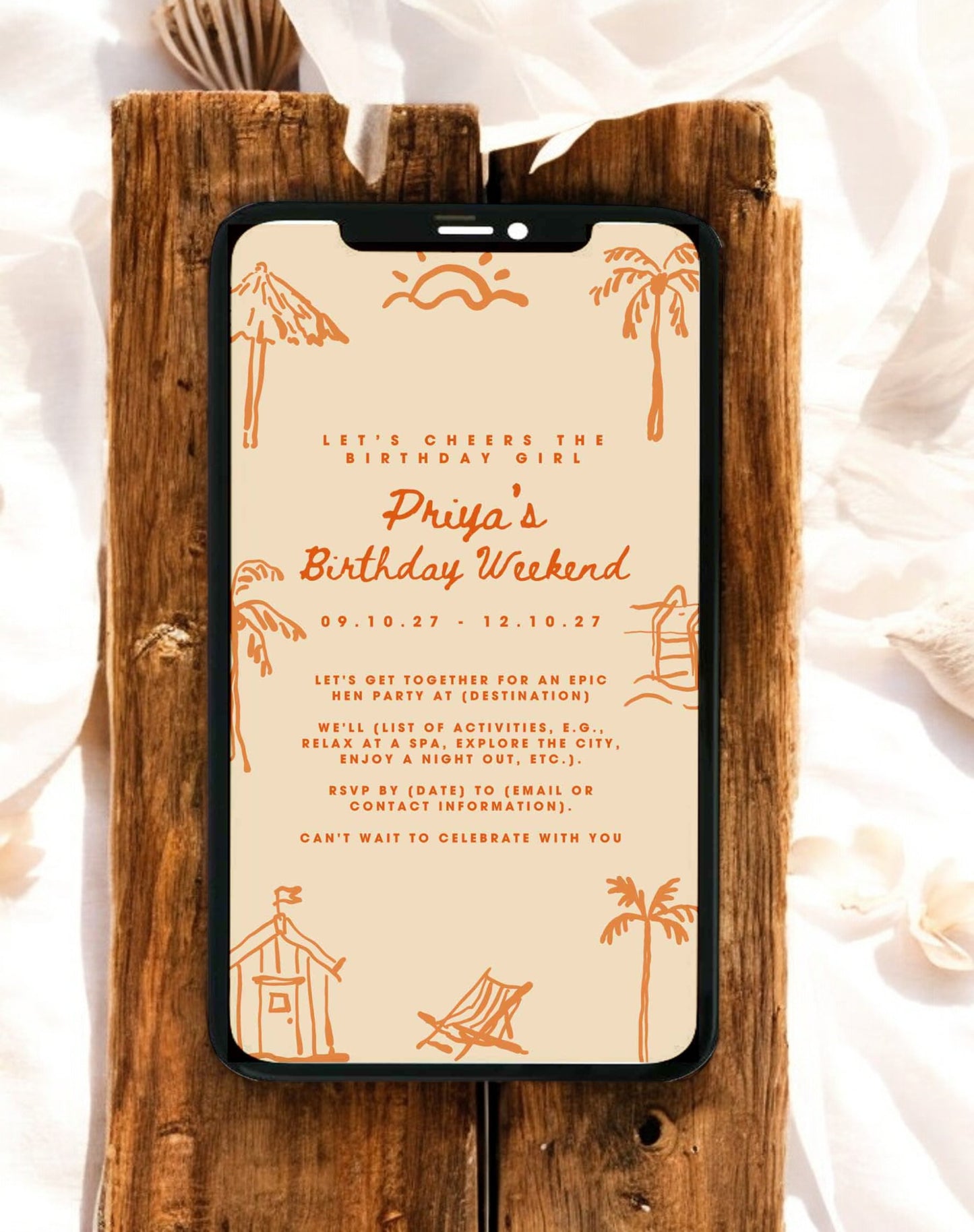 Priya Beach Doodle Birthday Itinerary & Invitation - Ivy and Gold Wedding Stationery