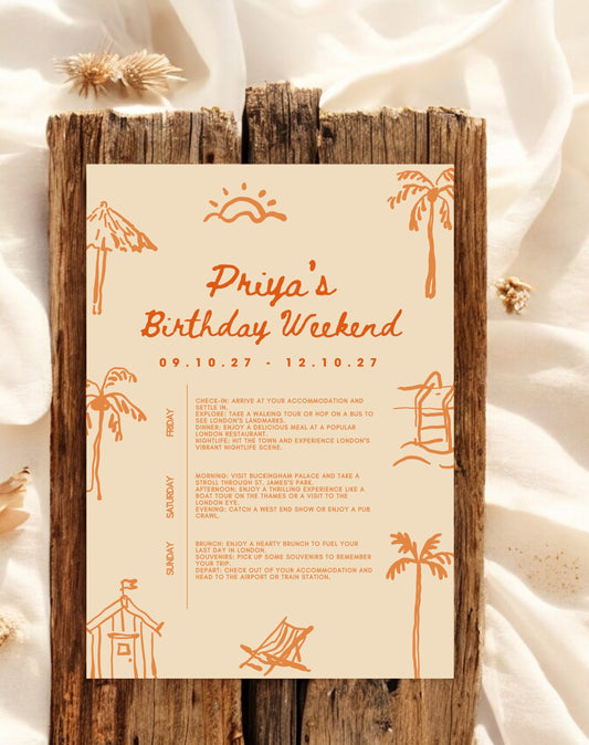 Priya Beach Doodle Birthday Itinerary & Invitation - Ivy and Gold Wedding Stationery