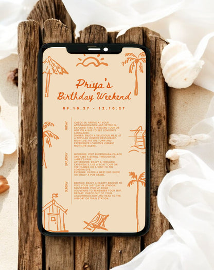 Priya Beach Doodle Birthday Itinerary & Invitation - Ivy and Gold Wedding Stationery