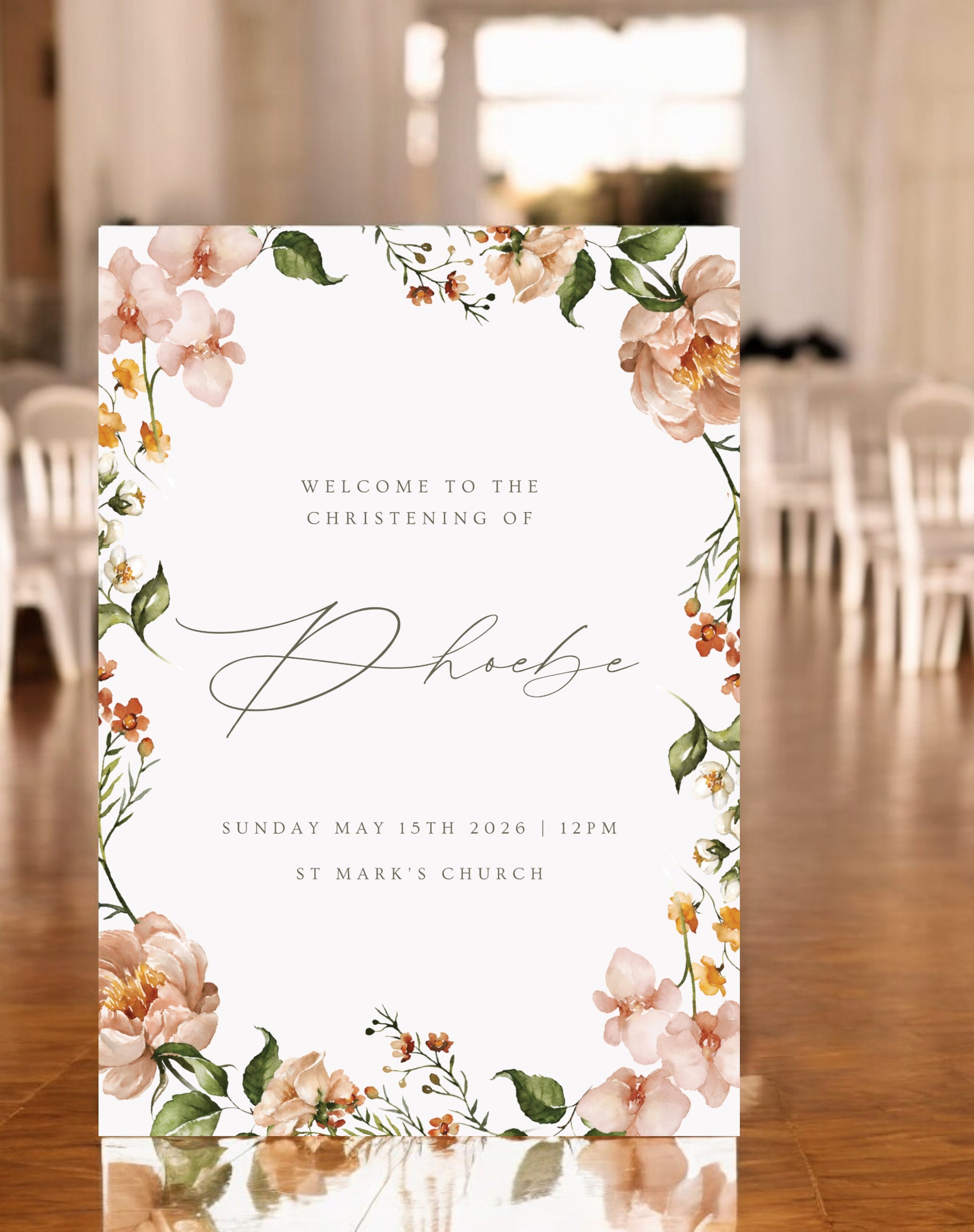 Phoebe Peony Christening Welcome Sign - Ivy and Gold Wedding Stationery