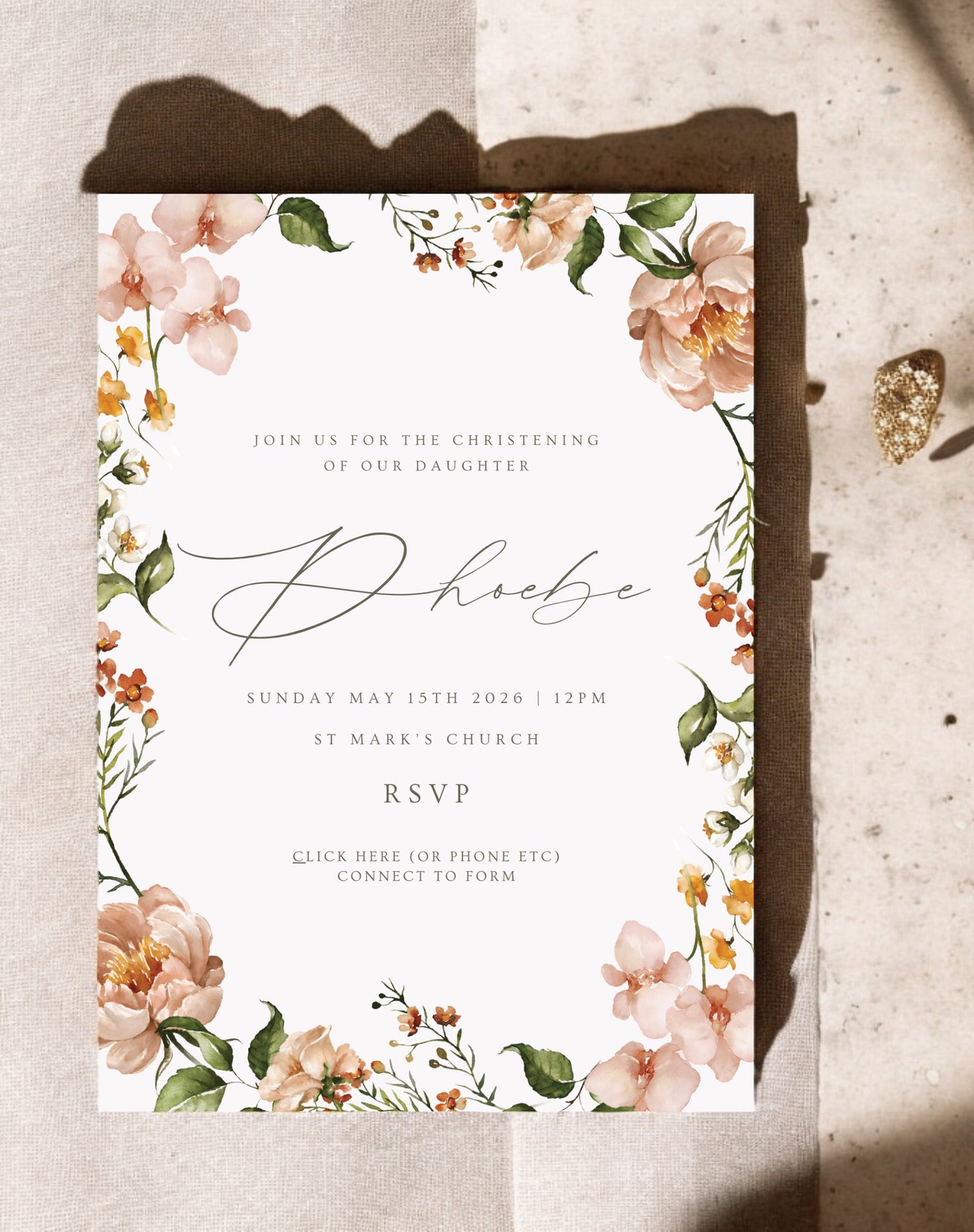 Phoebe Peony Christening Invitation - Ivy and Gold Wedding Stationery