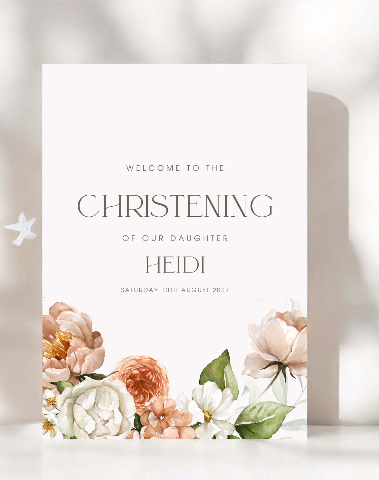 Heidi Pink Floral Christening Welcome Sign - Ivy and Gold Wedding Stationery