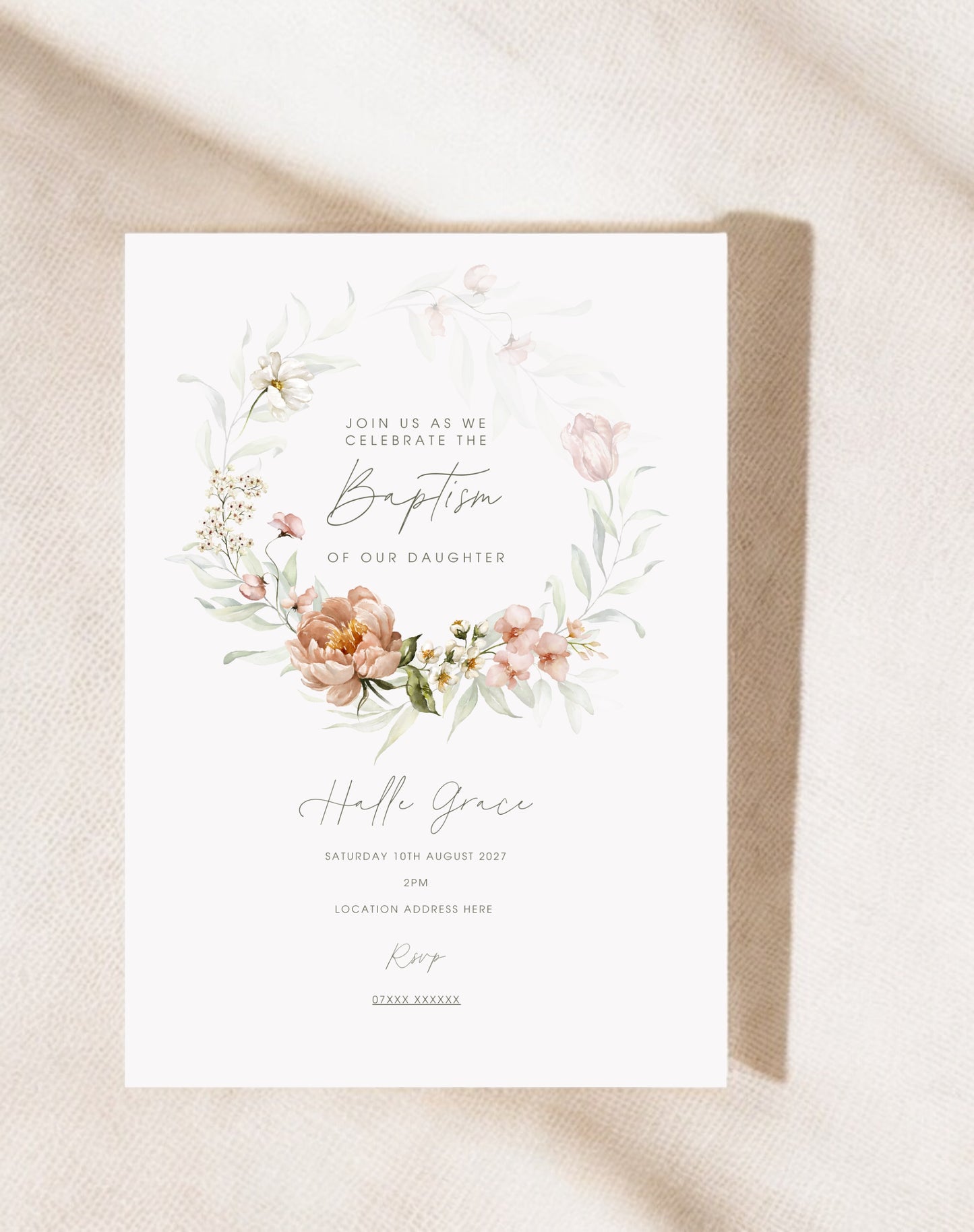 Hallee Pink Peony Christening Invitation - Ivy and Gold Wedding Stationery